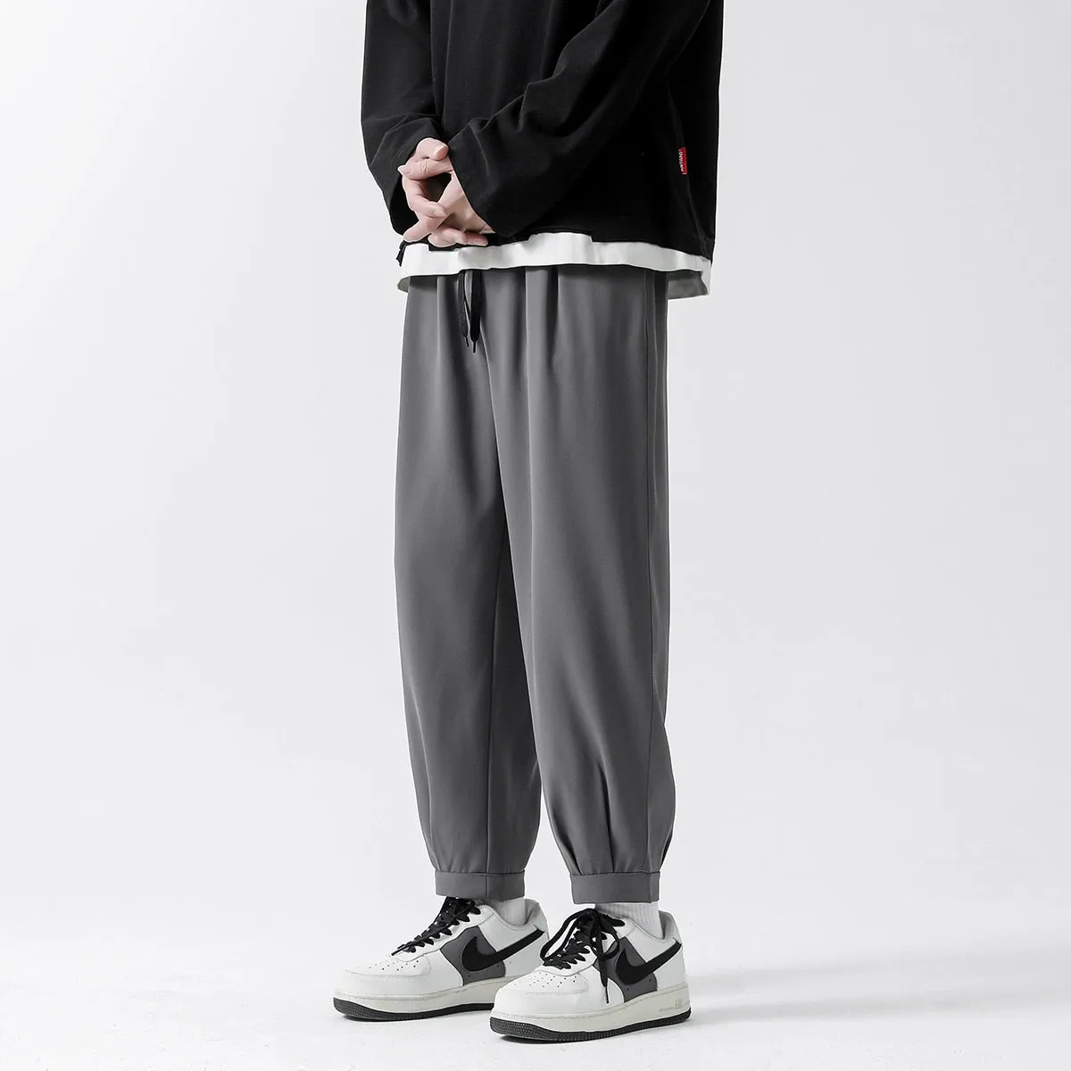 2023 Summer Men Cropped Casual Pants Quick Drying Ice Silk Unisex Trousers Loose Solid Color Male Lage Size Bottoms
