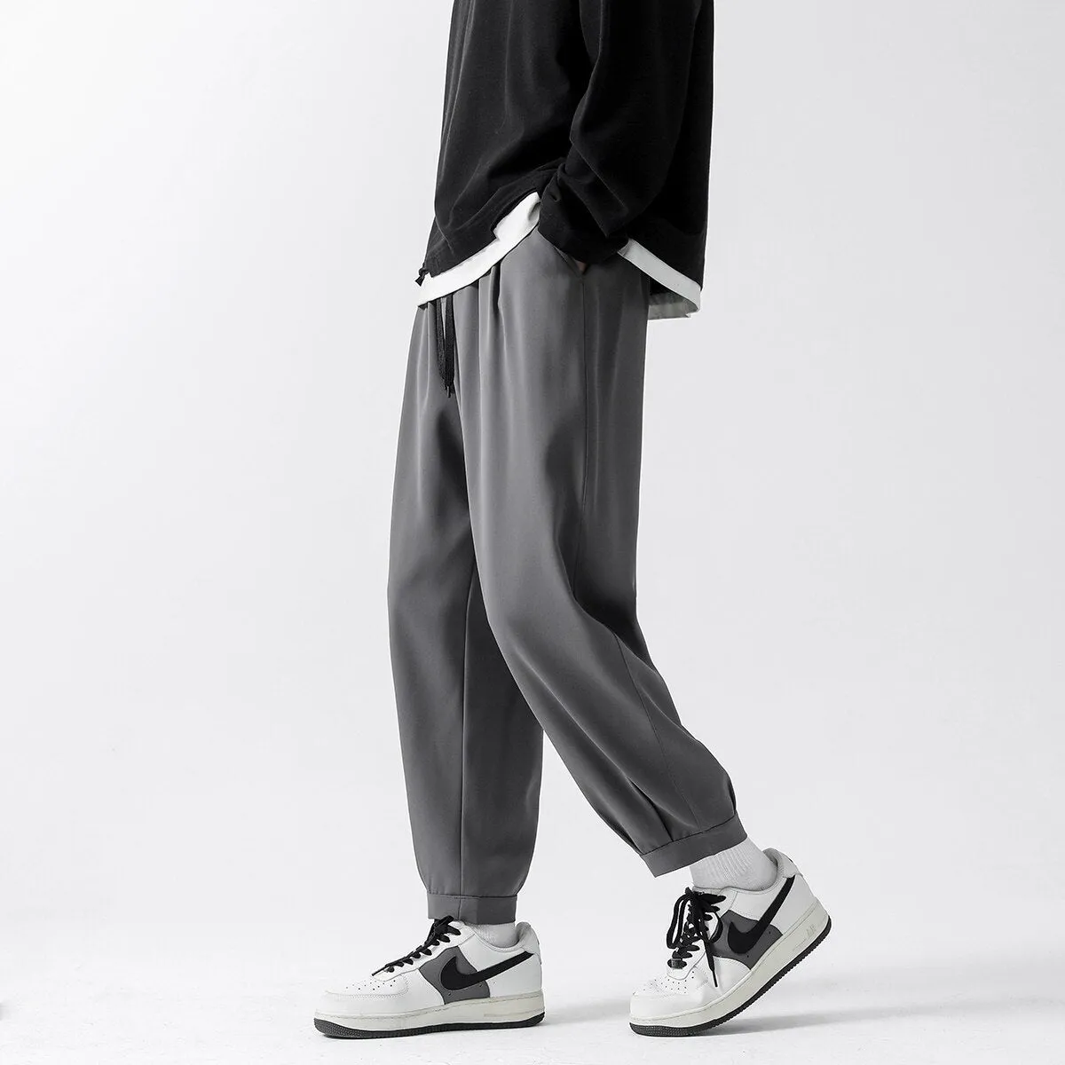 2023 Summer Men Cropped Casual Pants Quick Drying Ice Silk Unisex Trousers Loose Solid Color Male Lage Size Bottoms