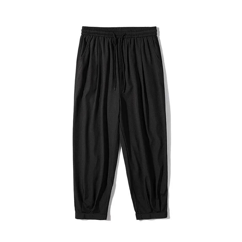 2023 Summer Men Cropped Casual Pants Quick Drying Ice Silk Unisex Trousers Loose Solid Color Male Lage Size Bottoms