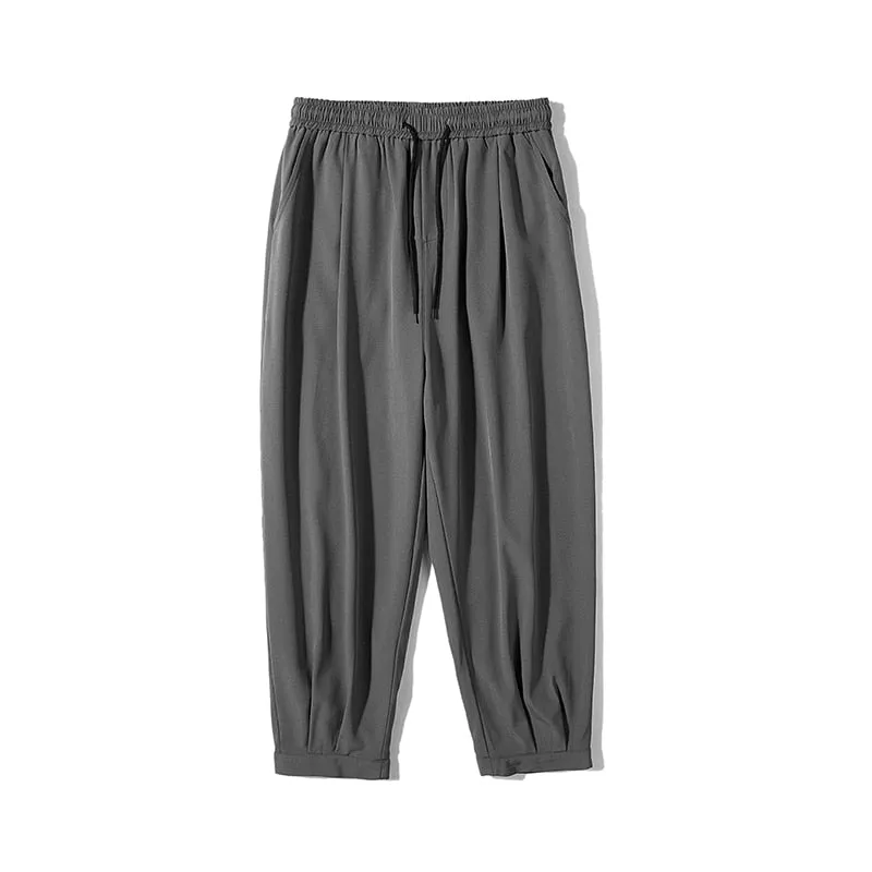 2023 Summer Men Cropped Casual Pants Quick Drying Ice Silk Unisex Trousers Loose Solid Color Male Lage Size Bottoms