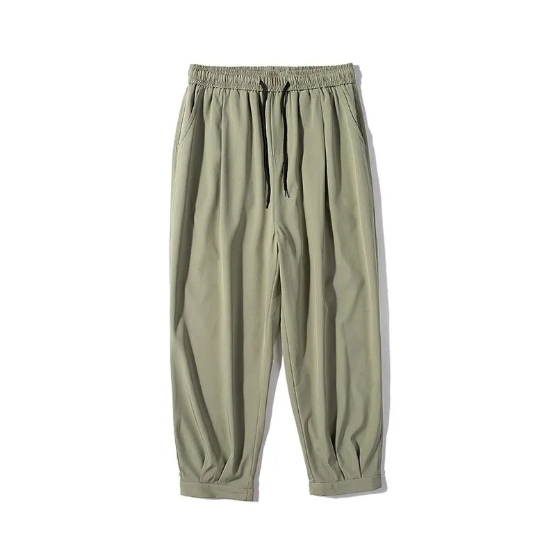 2023 Summer Men Cropped Casual Pants Quick Drying Ice Silk Unisex Trousers Loose Solid Color Male Lage Size Bottoms