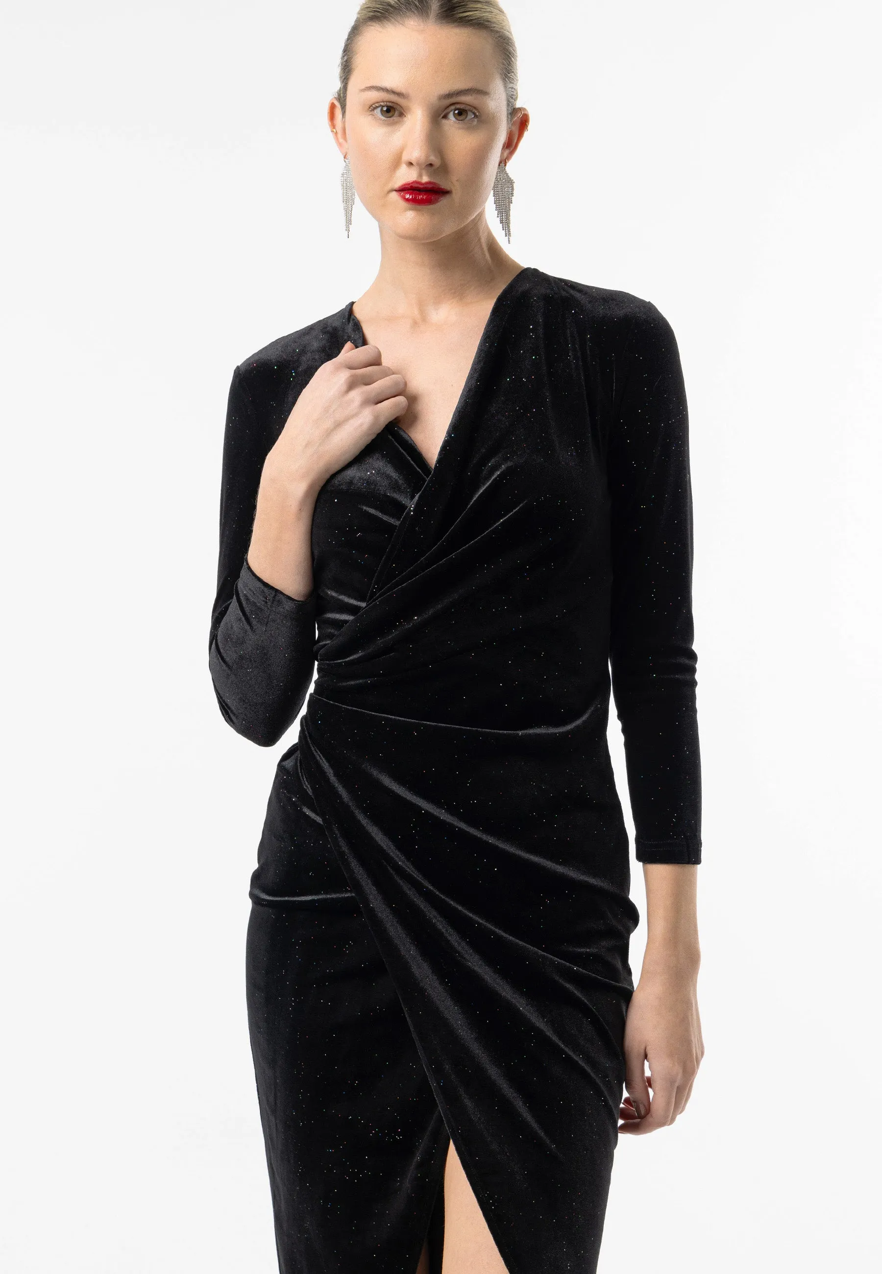 (5p. Pack) Shimmer Velvet 3/4 Sleeve Midi Wrap Dress
