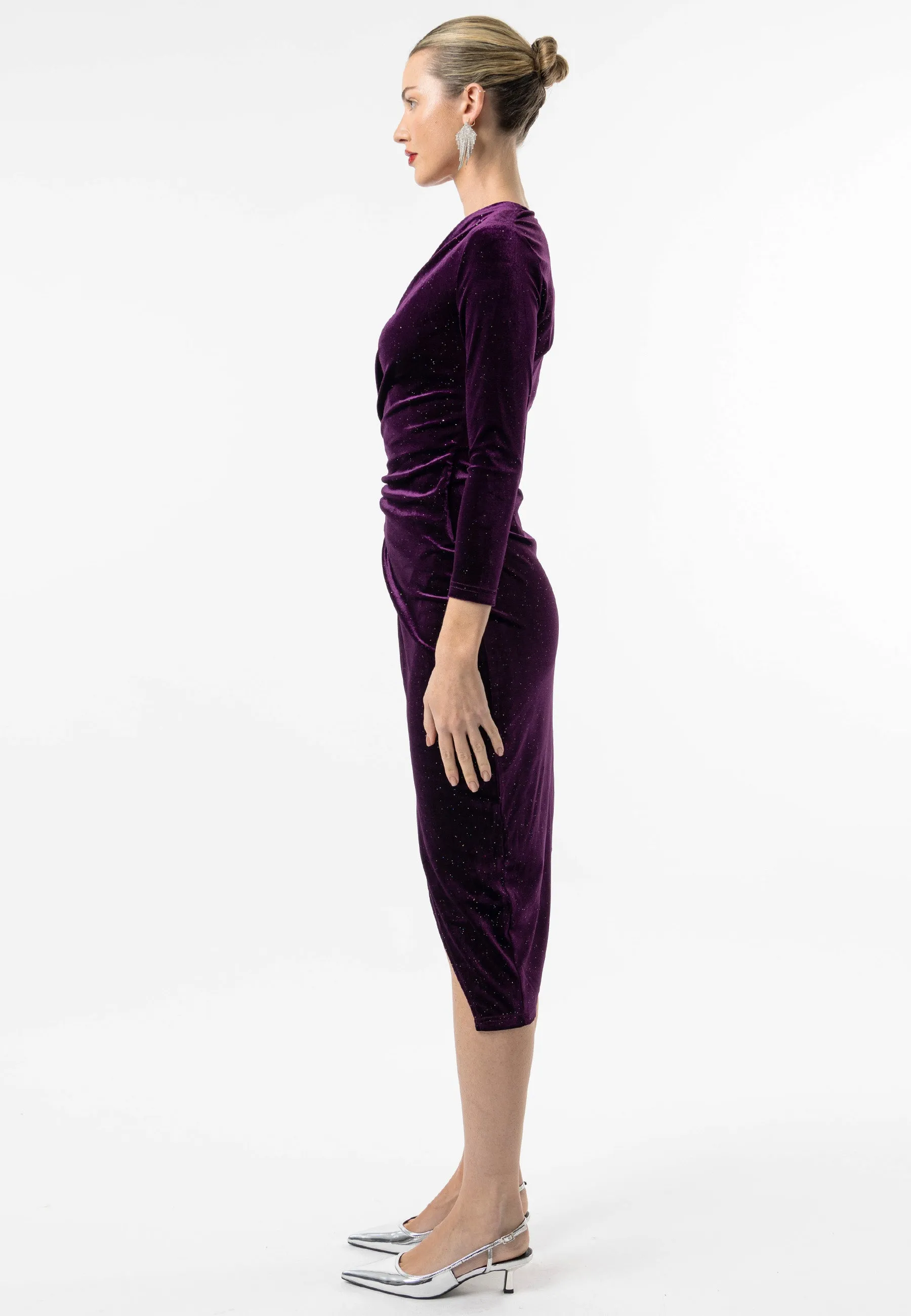 (5p. Pack) Shimmer Velvet 3/4 Sleeve Midi Wrap Dress
