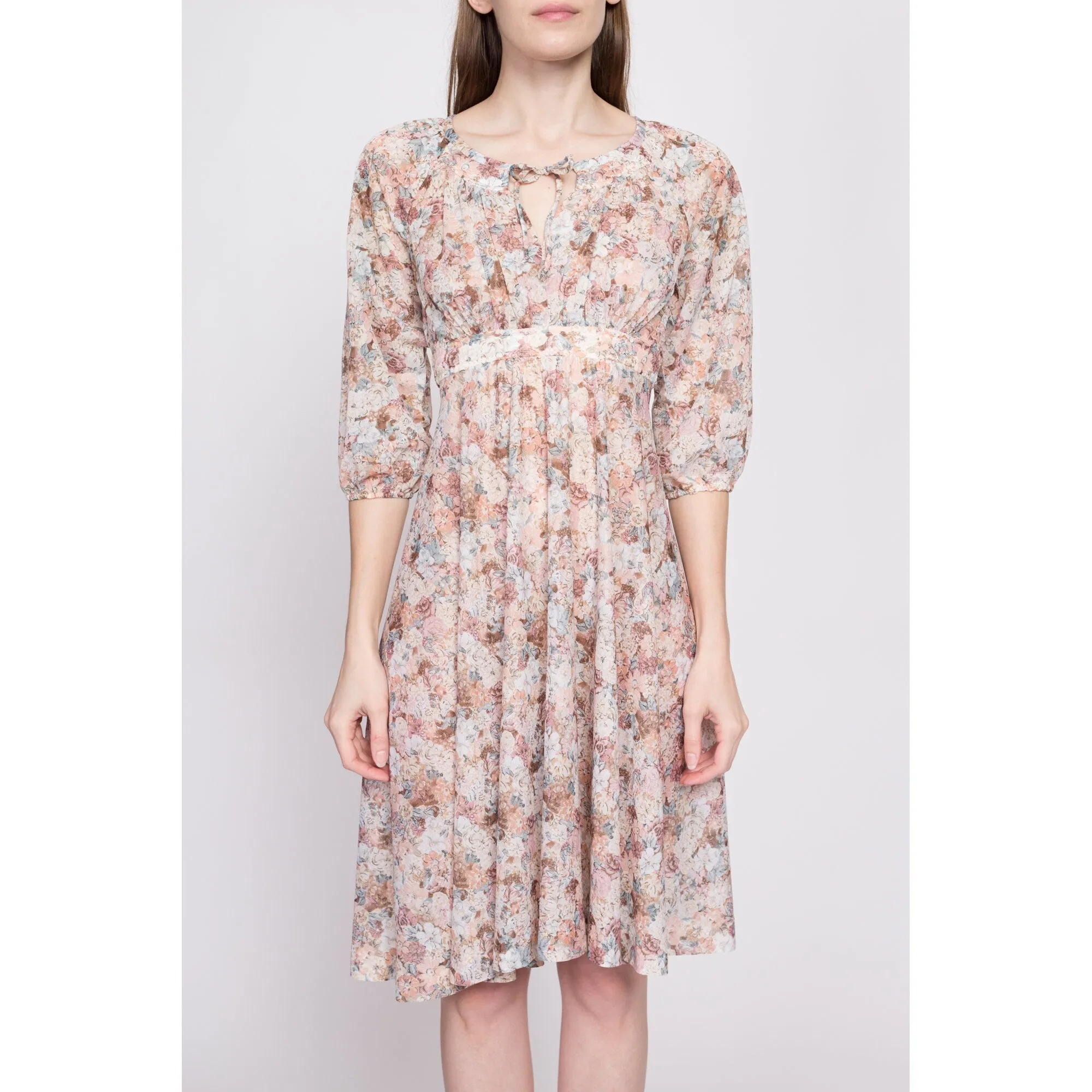 70s Sheer Floral Babydoll Dress - Extra Small