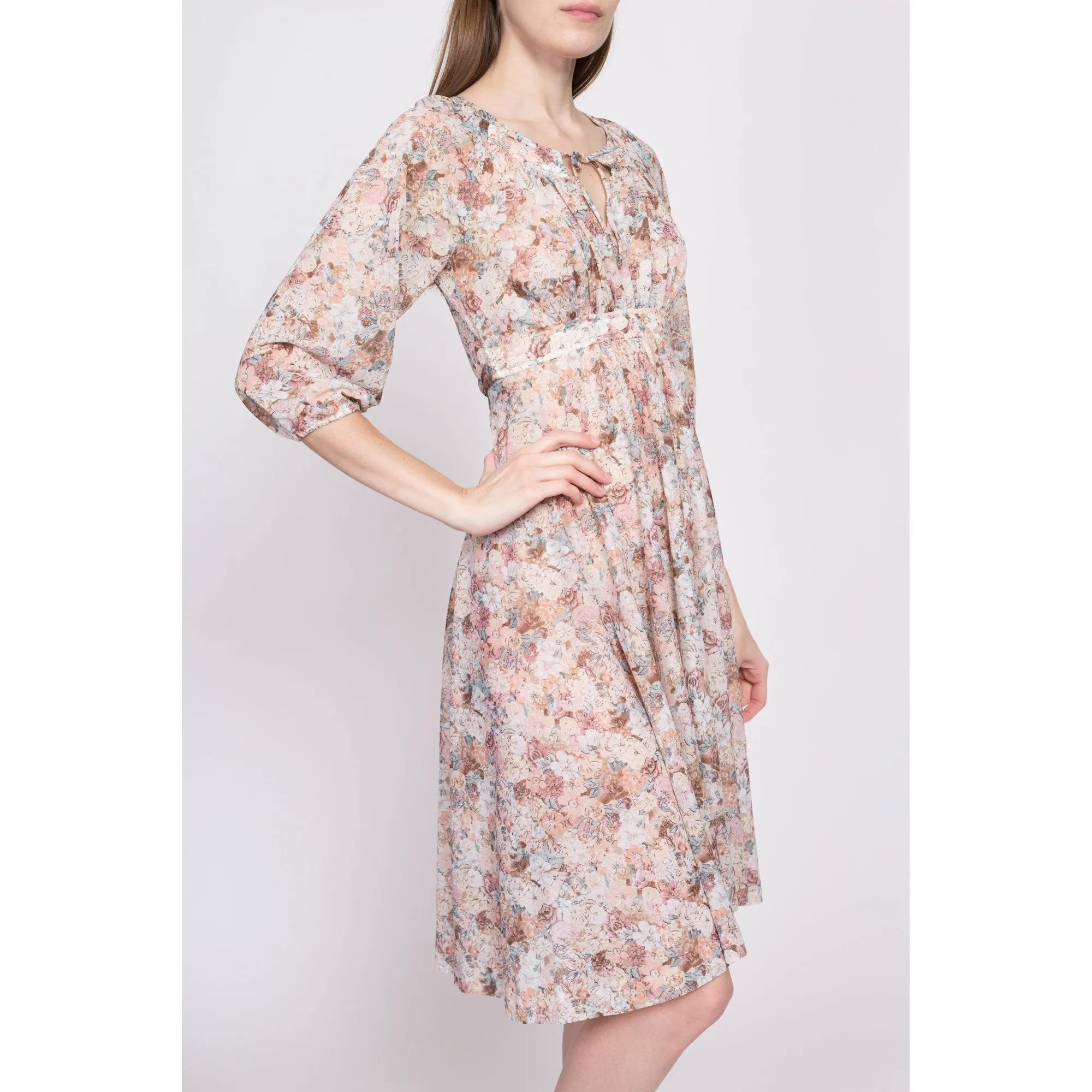 70s Sheer Floral Babydoll Dress - Extra Small