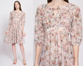 70s Sheer Floral Babydoll Dress - Extra Small