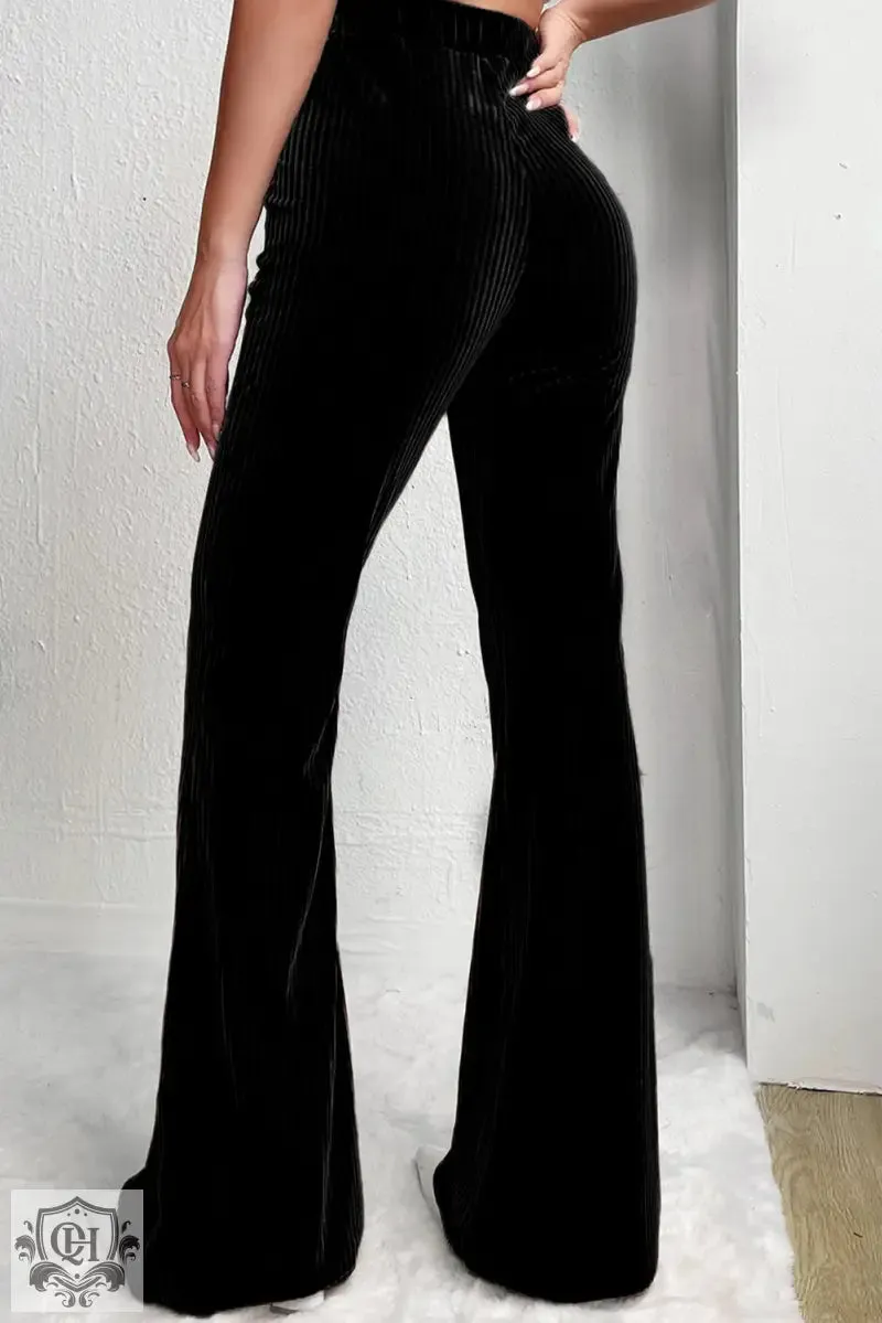 Black Solid Color High Waist Flare Corduroy Pants