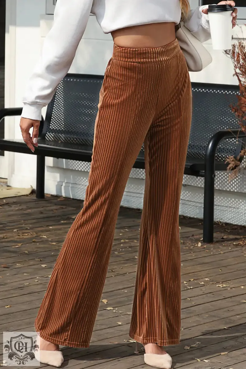 Black Solid Color High Waist Flare Corduroy Pants