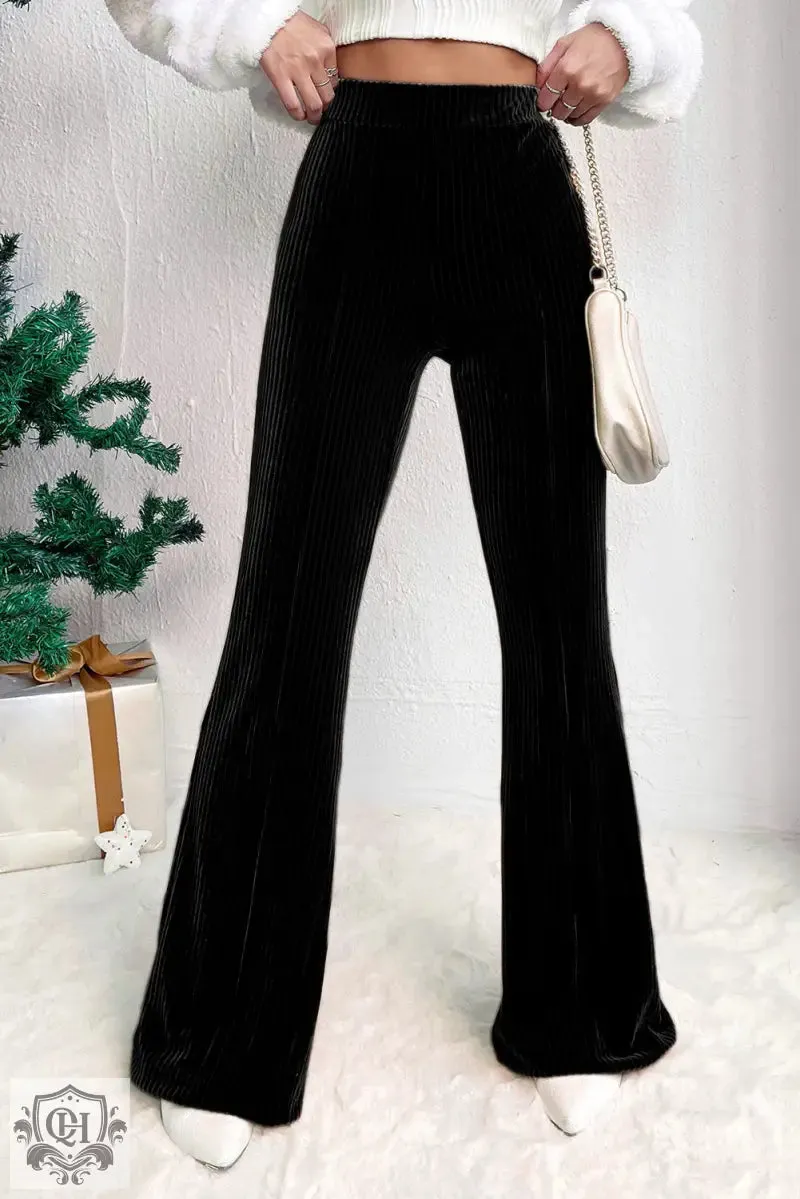 Black Solid Color High Waist Flare Corduroy Pants