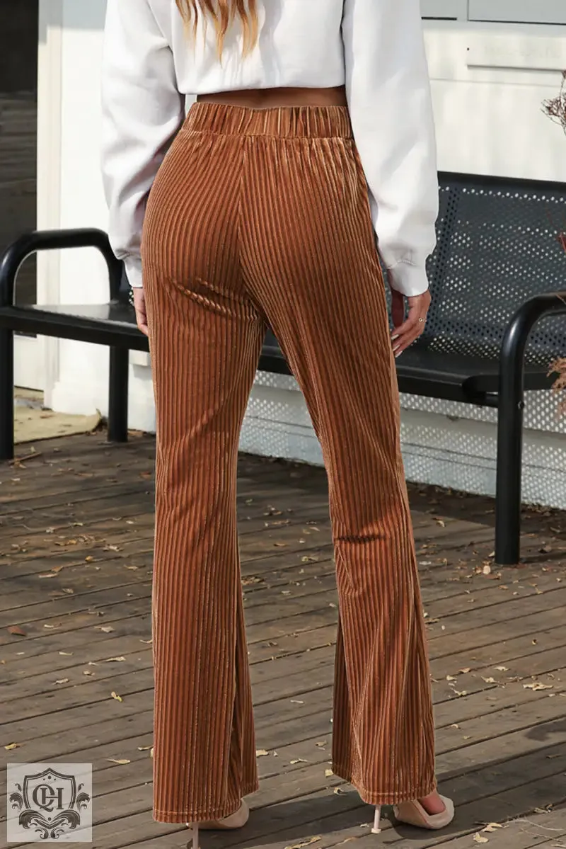Black Solid Color High Waist Flare Corduroy Pants