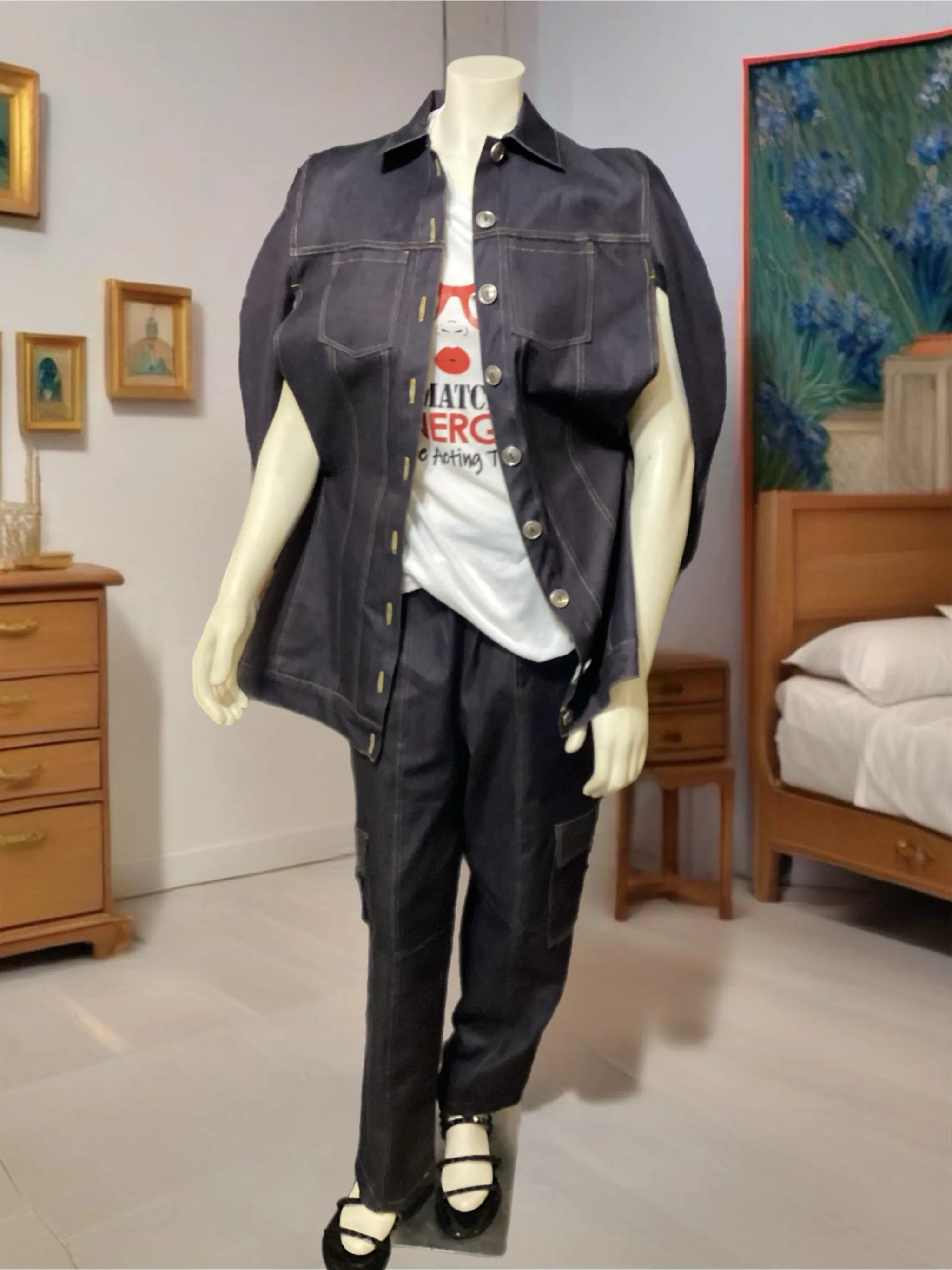 Caped Denim Pant Set