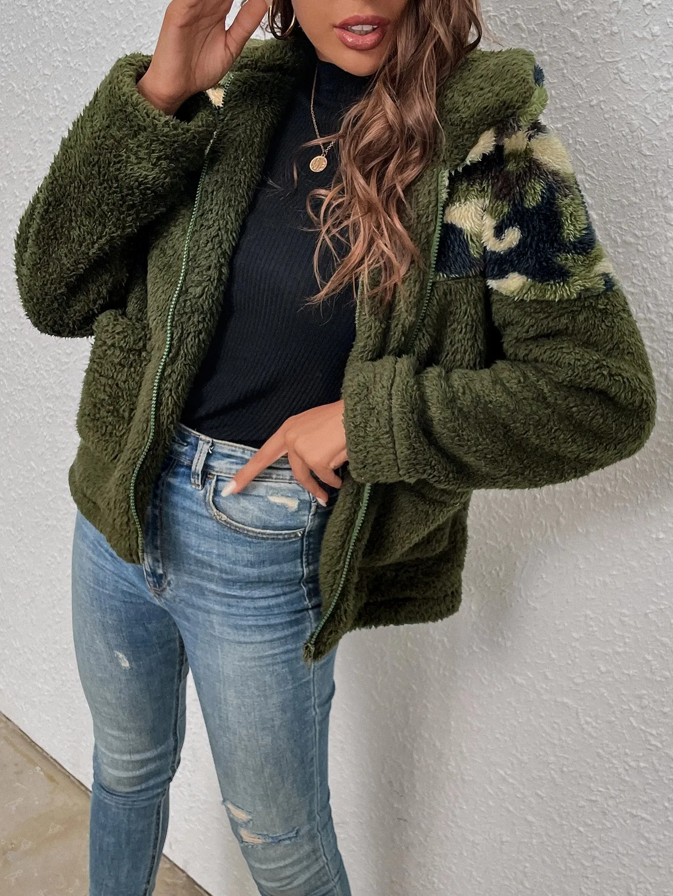 Casual Camo Zipper Long Sleeve Collar Regular Women Coat