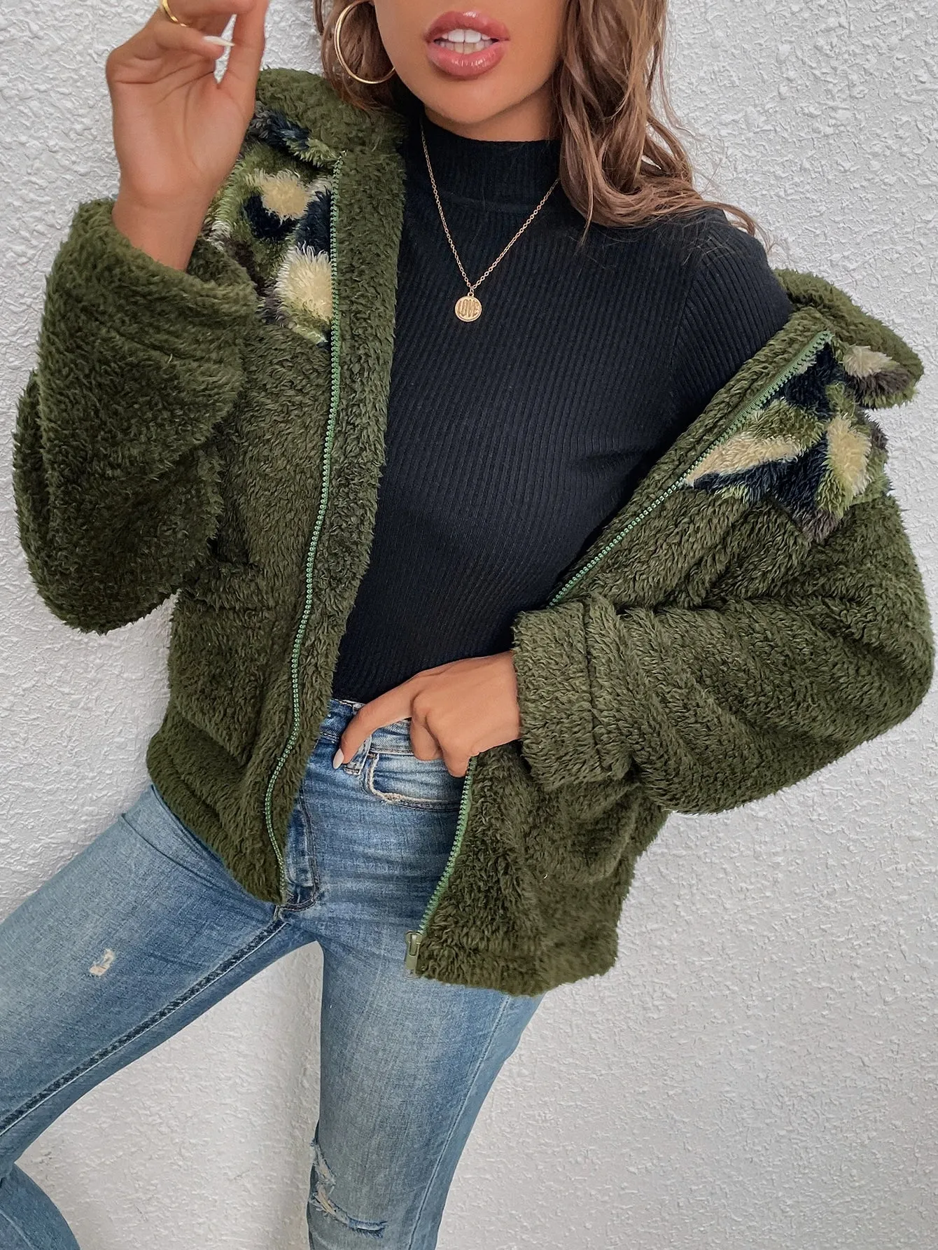 Casual Camo Zipper Long Sleeve Collar Regular Women Coat
