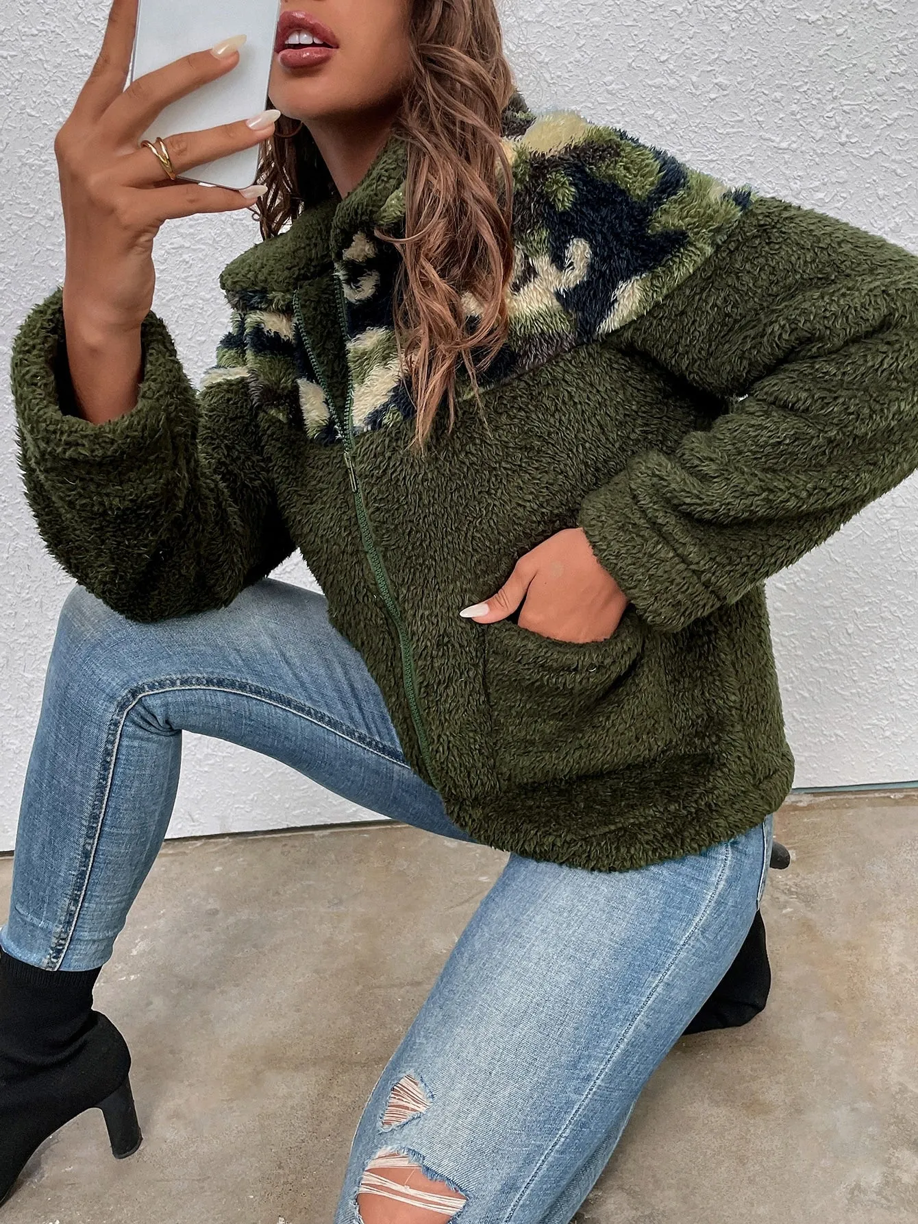 Casual Camo Zipper Long Sleeve Collar Regular Women Coat