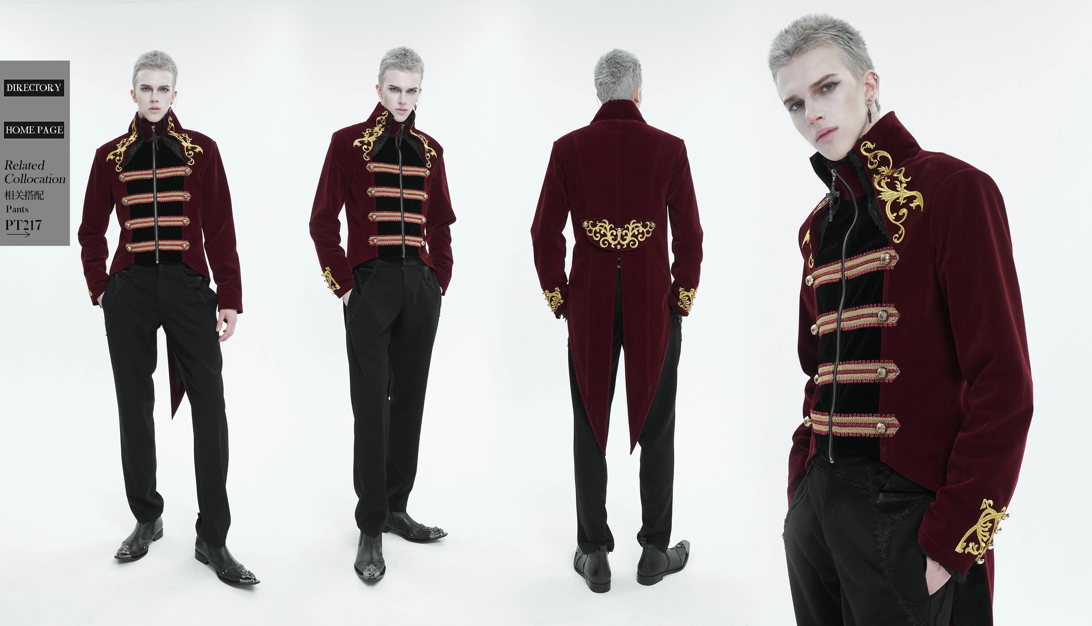 CT20802 wine Embroidered Stand Collar Tuxedo Men's Dress Jacket