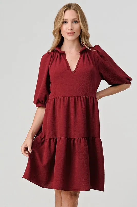 Dark Red Short Sleeve V Neck Dress