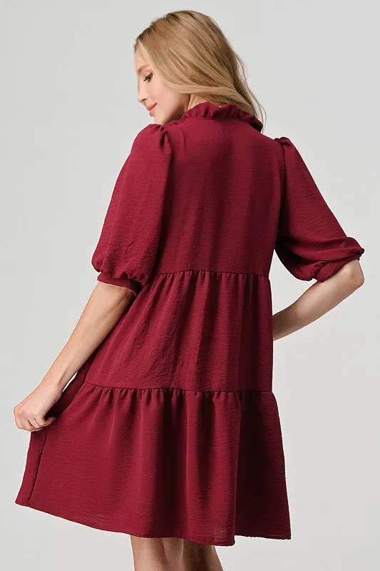 Dark Red Short Sleeve V Neck Dress