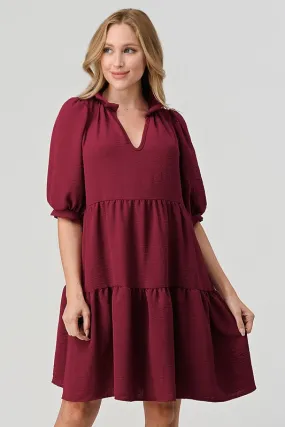 Dark Red Short Sleeve V Neck Dress