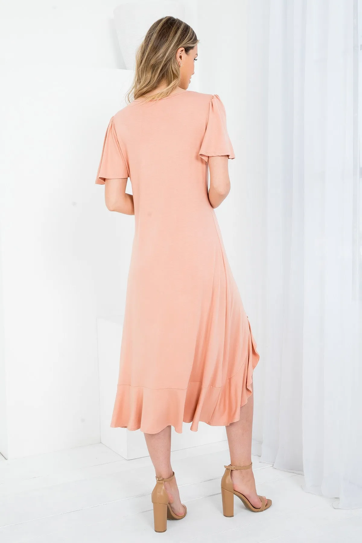 DESERT ROUND NECKLINE RUFFLE SLEEVE ASYMETRIC DRESS