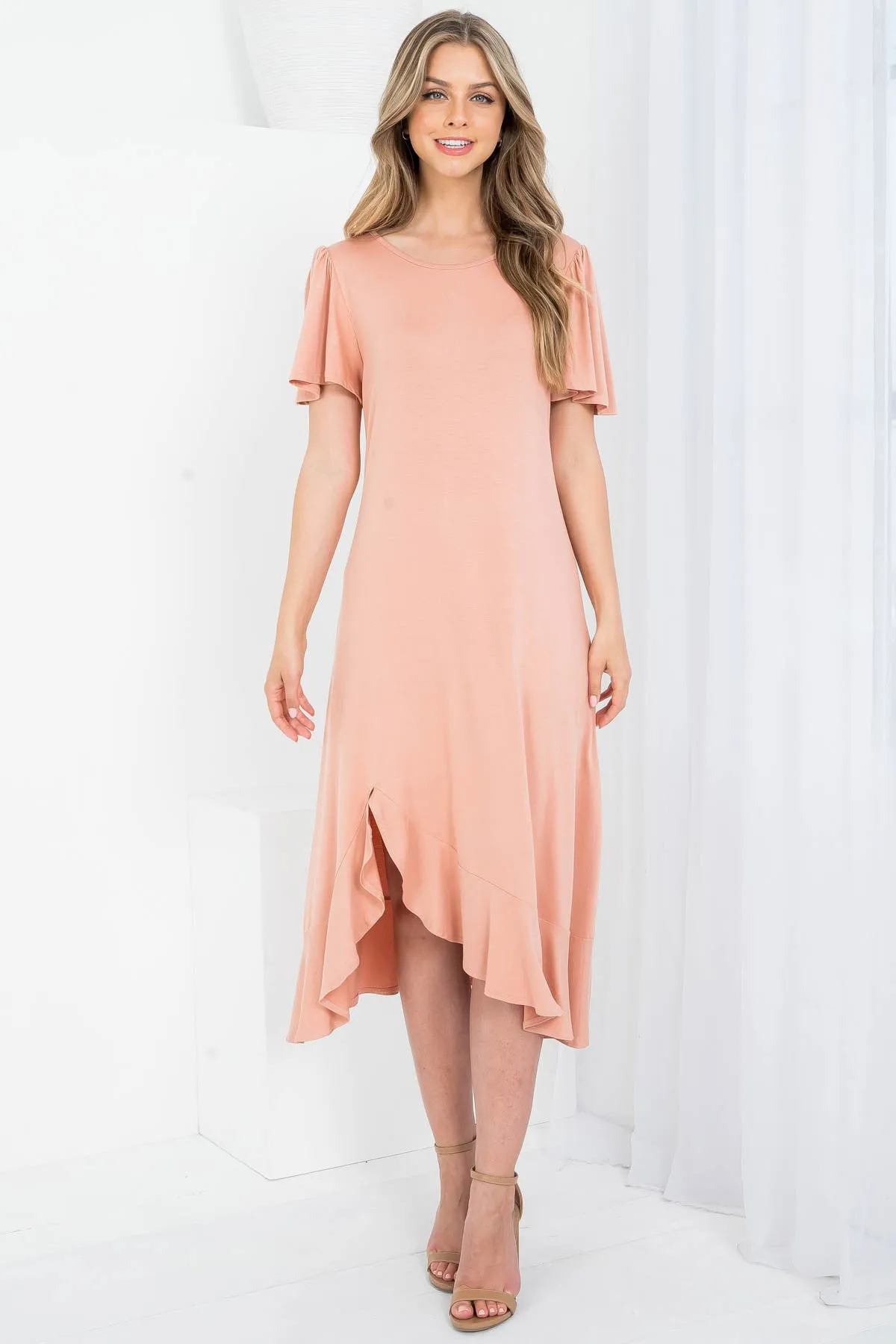 DESERT ROUND NECKLINE RUFFLE SLEEVE ASYMETRIC DRESS