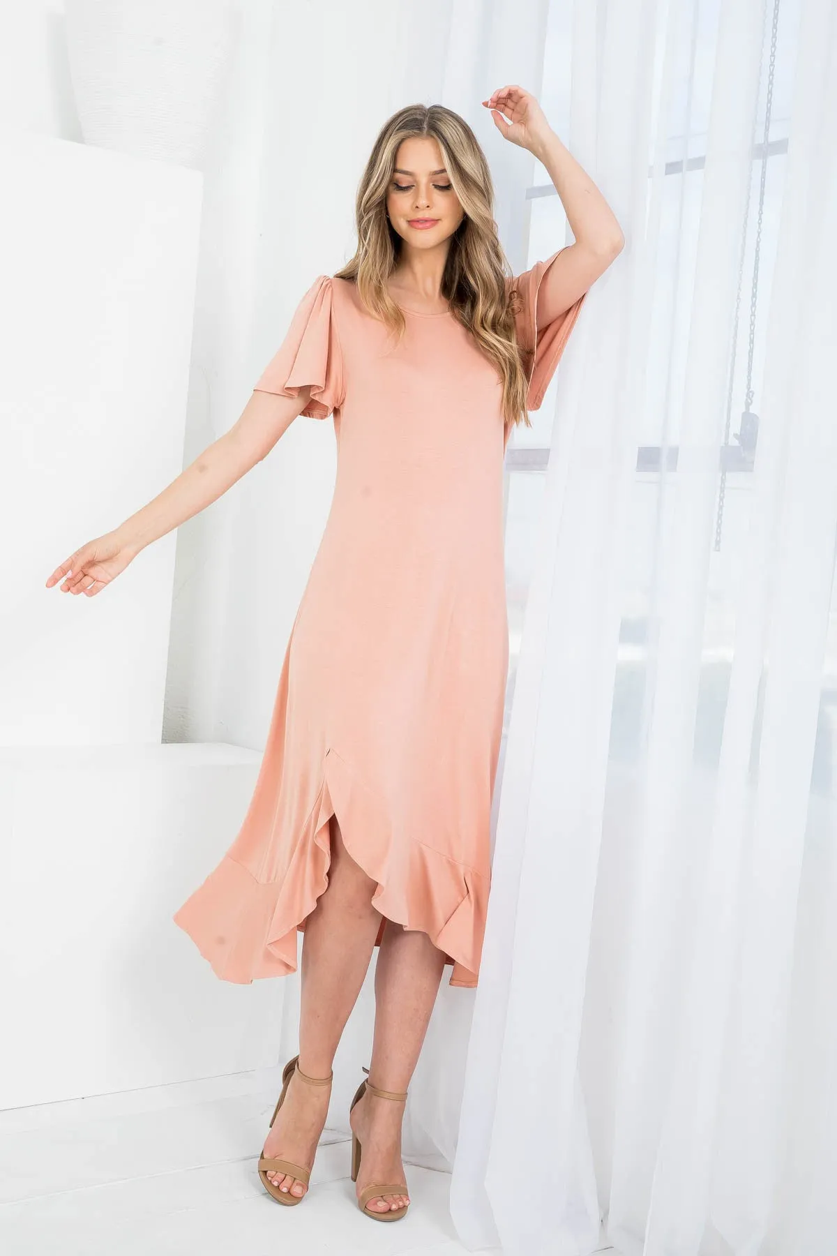 DESERT ROUND NECKLINE RUFFLE SLEEVE ASYMETRIC DRESS