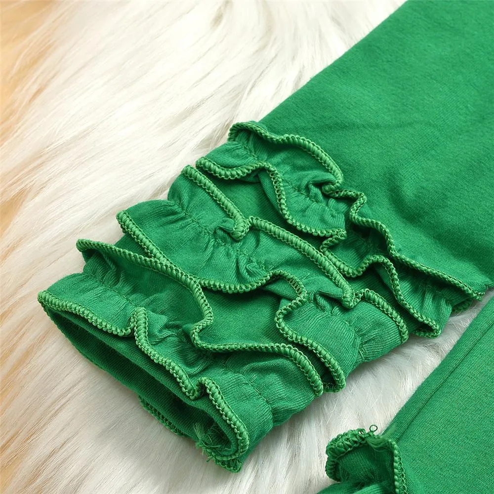 Girls Green Long Sleeve Dress&Printed Elk Pants Wholesale Girls Clothing