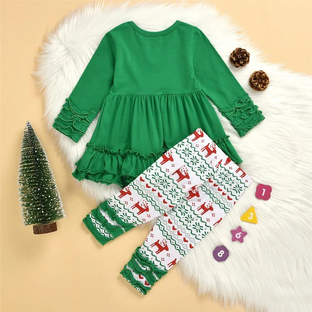 Girls Green Long Sleeve Dress&Printed Elk Pants Wholesale Girls Clothing