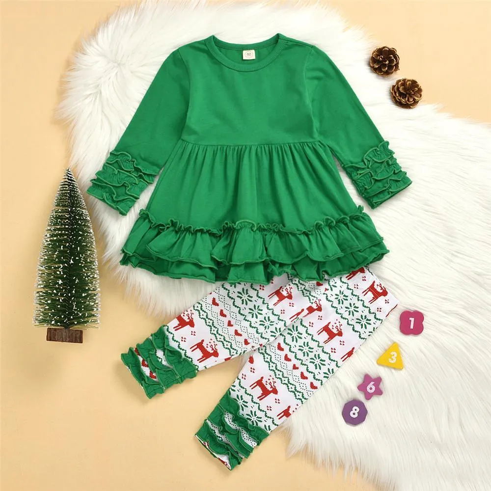 Girls Green Long Sleeve Dress&Printed Elk Pants Wholesale Girls Clothing
