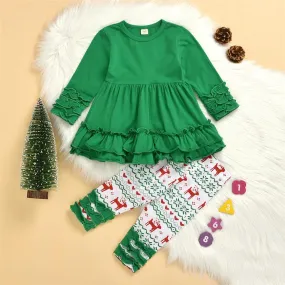 Girls Green Long Sleeve Dress&Printed Elk Pants Wholesale Girls Clothing