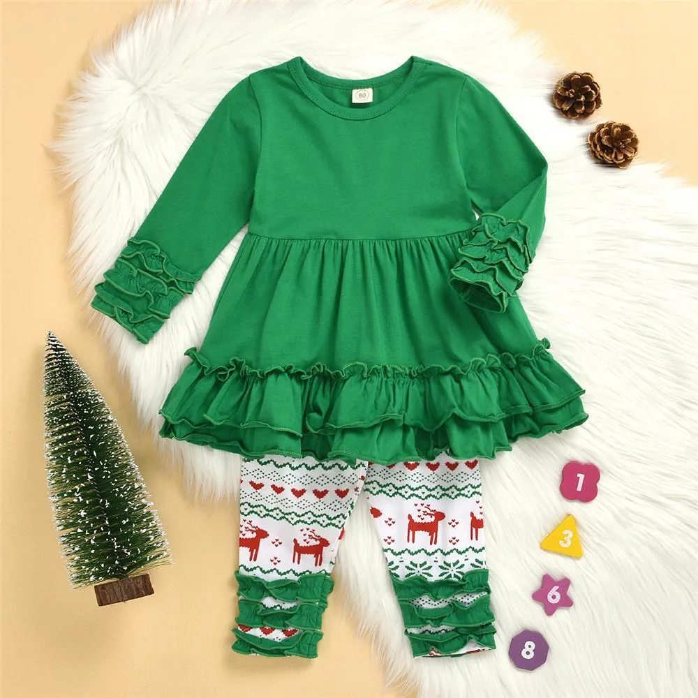 Girls Green Long Sleeve Dress&Printed Elk Pants Wholesale Girls Clothing
