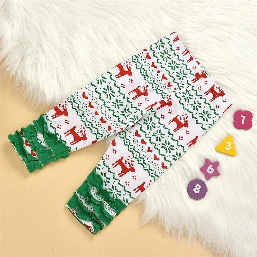 Girls Green Long Sleeve Dress&Printed Elk Pants Wholesale Girls Clothing