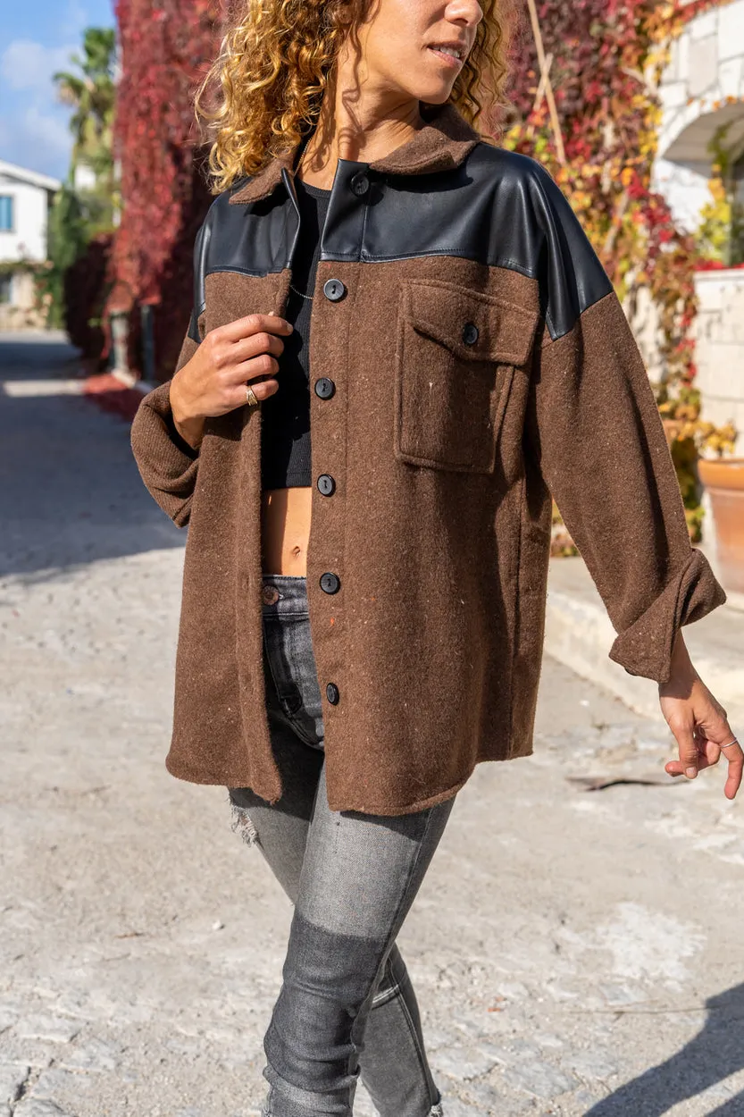 GNS Woman Coffee Leather Trimmed Back Printed Coat Oversized Shirt Bst3289 - Evere