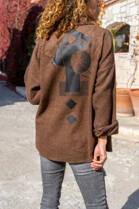 GNS Woman Coffee Leather Trimmed Back Printed Coat Oversized Shirt Bst3289 - Evere