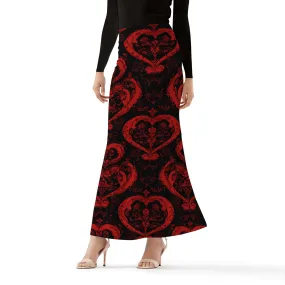 Gothic Red Hearts Womens Wrap Fishtail Long Skirt
