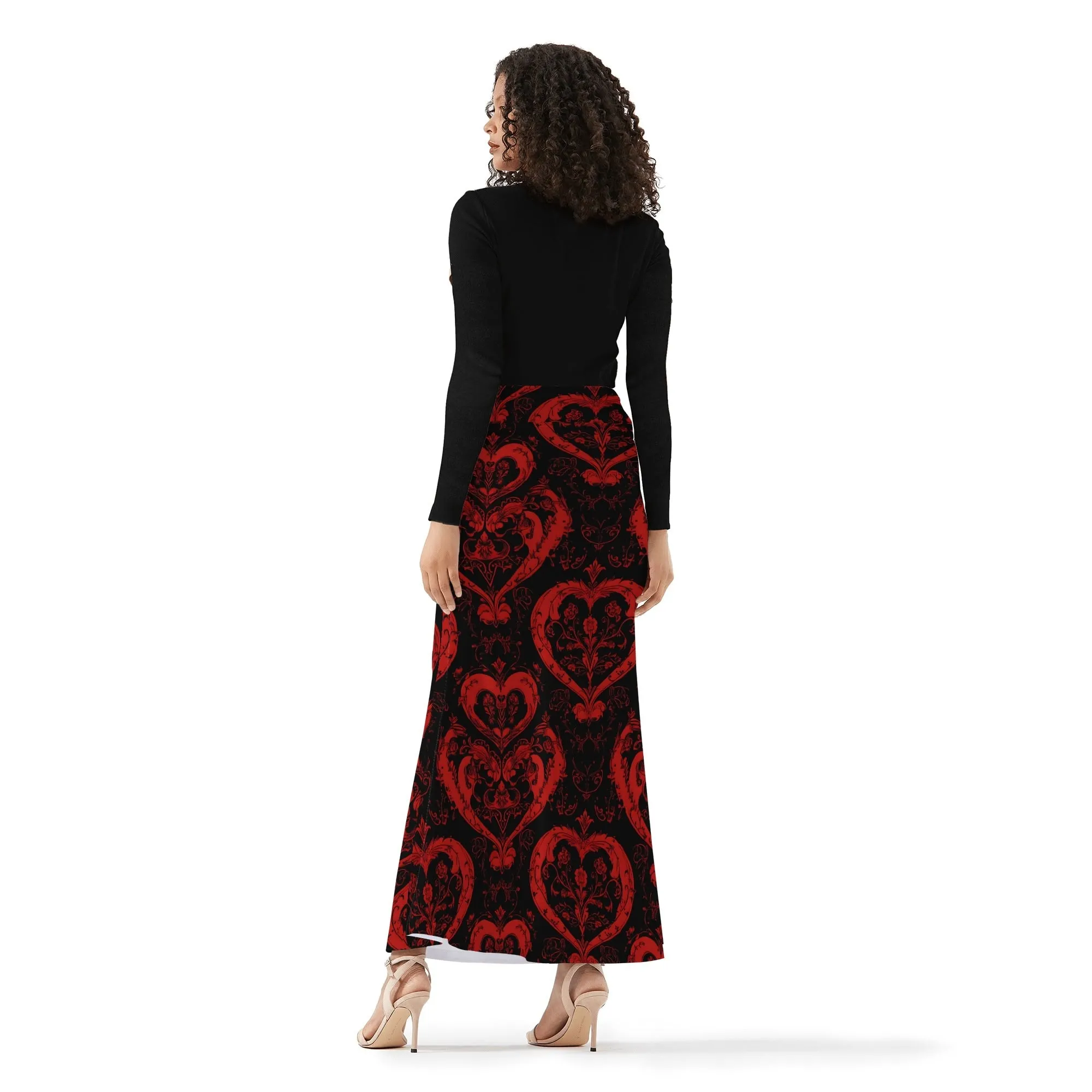 Gothic Red Hearts Womens Wrap Fishtail Long Skirt