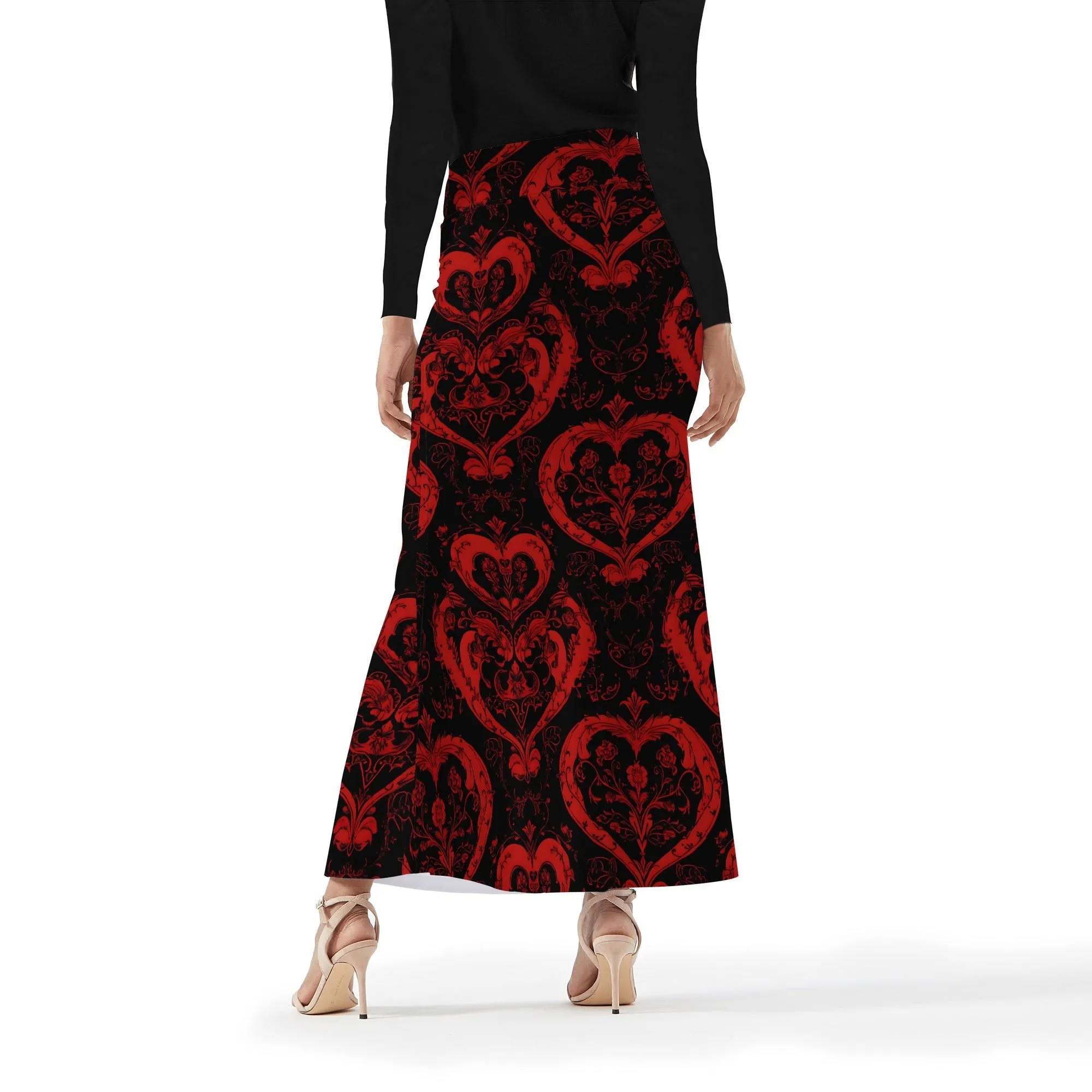 Gothic Red Hearts Womens Wrap Fishtail Long Skirt
