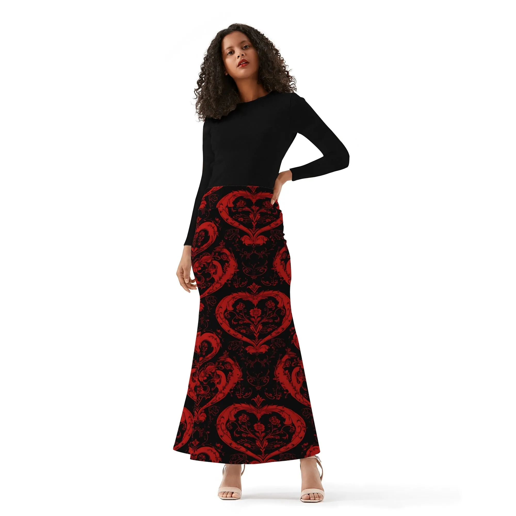 Gothic Red Hearts Womens Wrap Fishtail Long Skirt