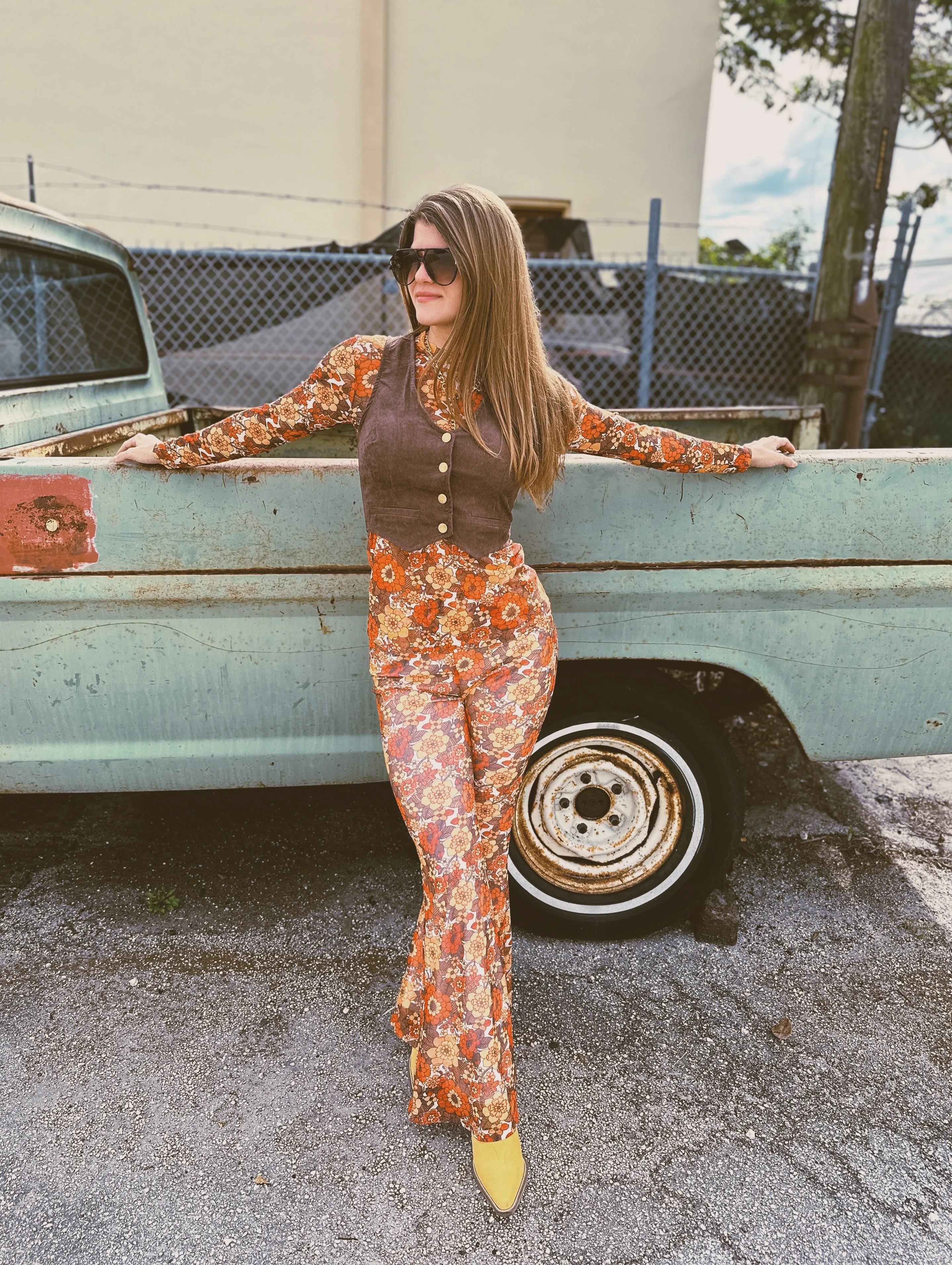 Groovy Floral Long Sleeve Mesh Top & Bell Bottom Set