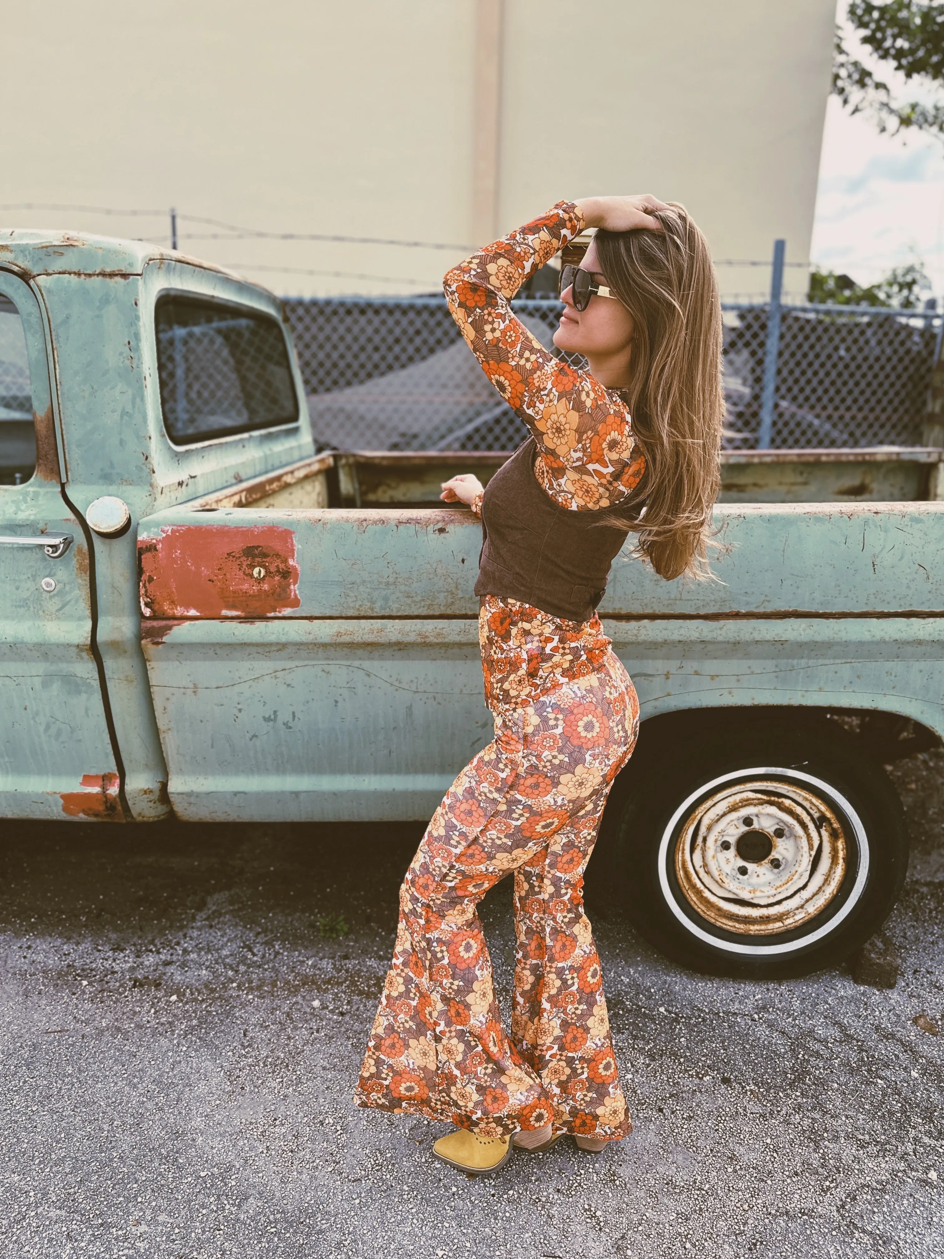 Groovy Floral Long Sleeve Mesh Top & Bell Bottom Set