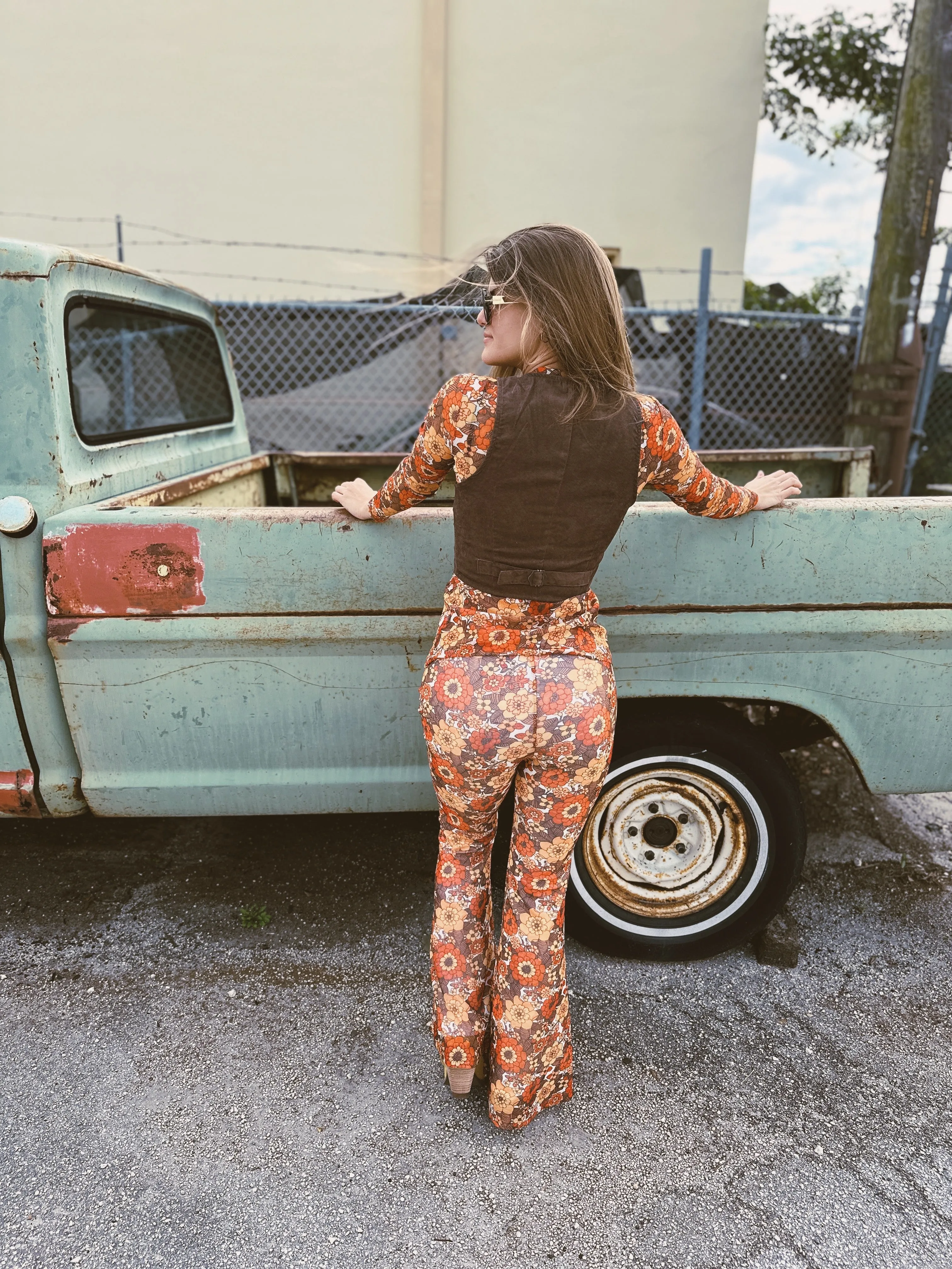 Groovy Floral Long Sleeve Mesh Top & Bell Bottom Set