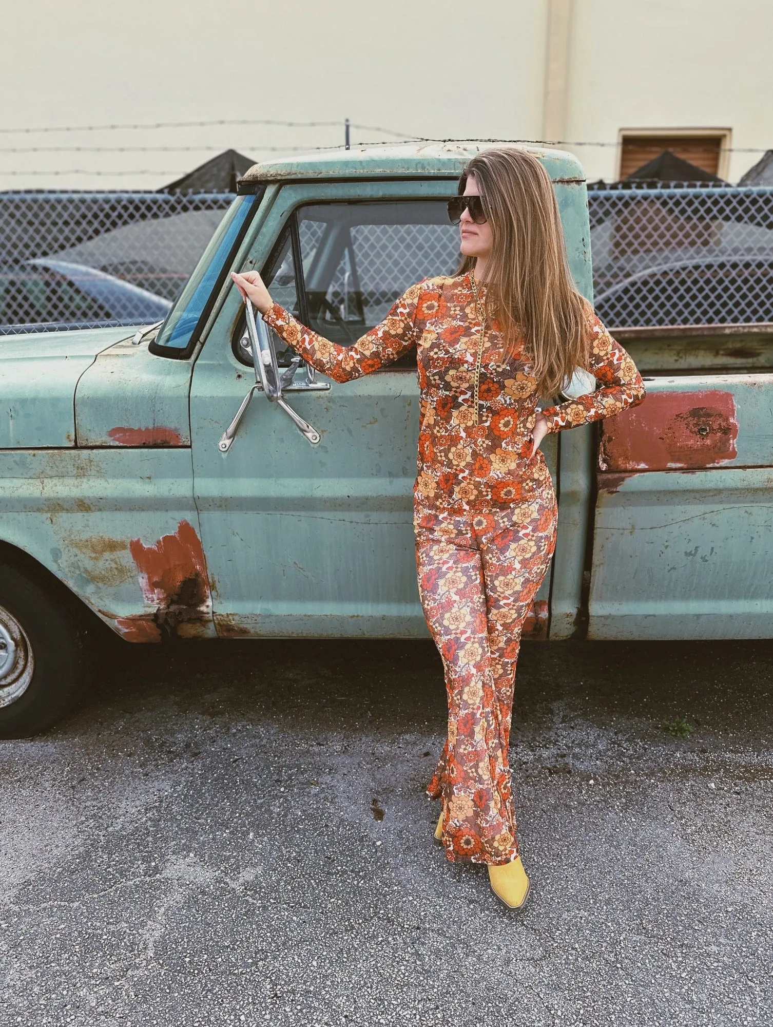 Groovy Floral Long Sleeve Mesh Top & Bell Bottom Set