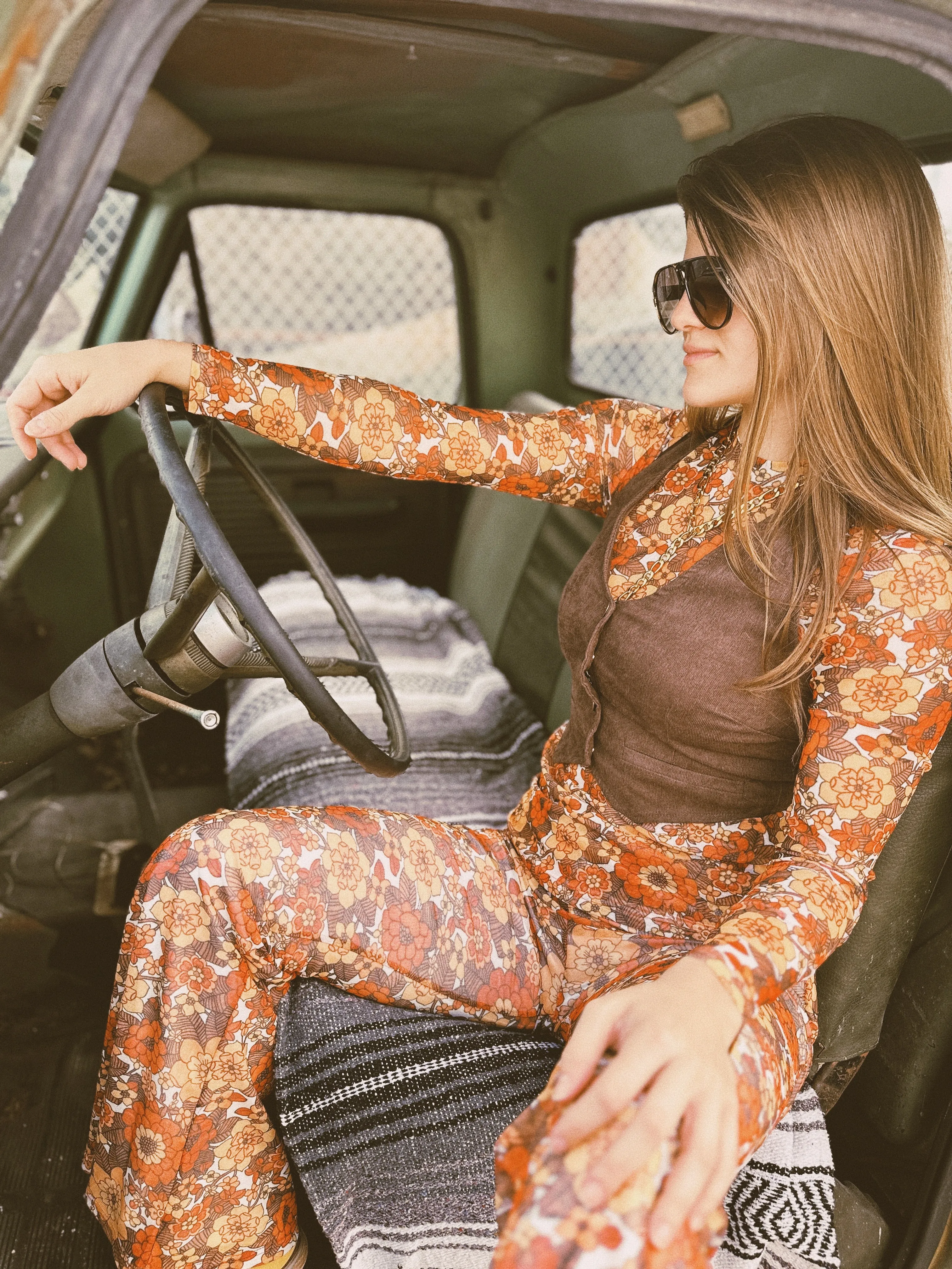 Groovy Floral Long Sleeve Mesh Top & Bell Bottom Set