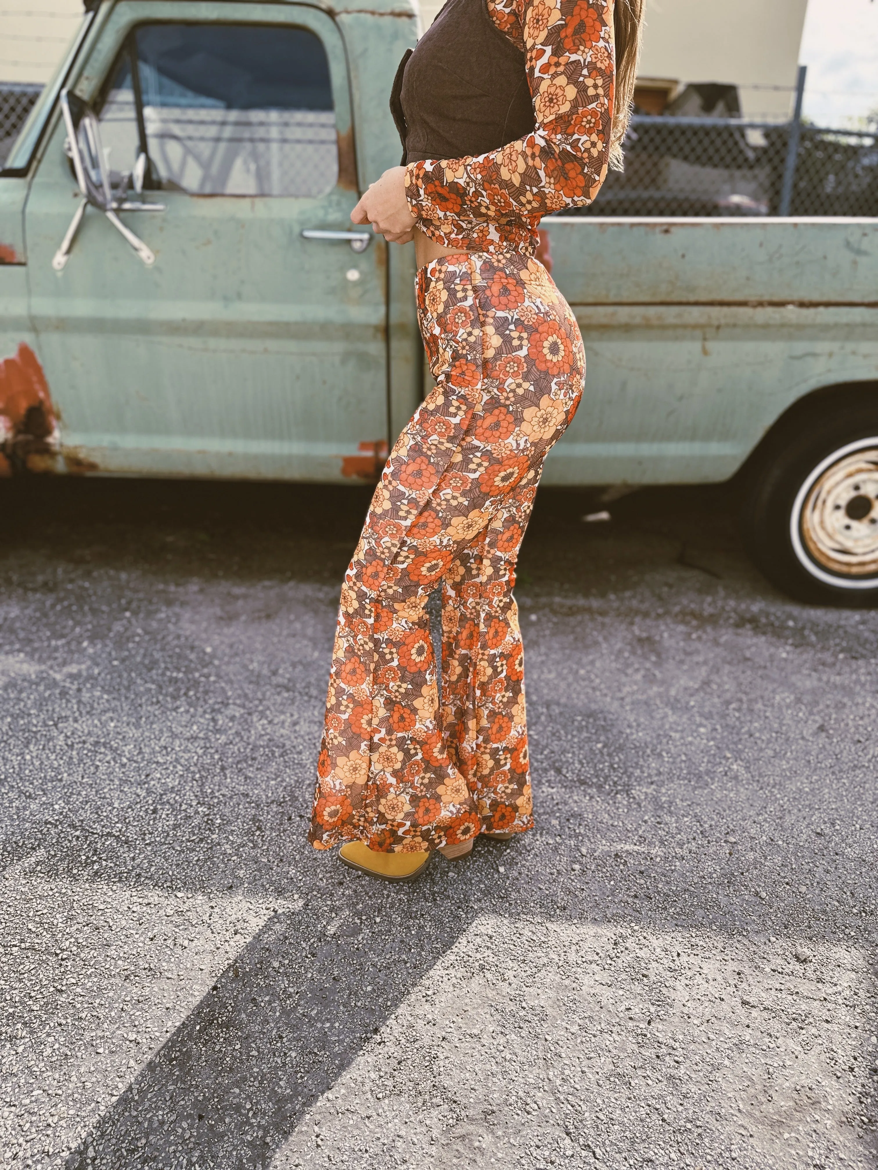 Groovy Floral Long Sleeve Mesh Top & Bell Bottom Set