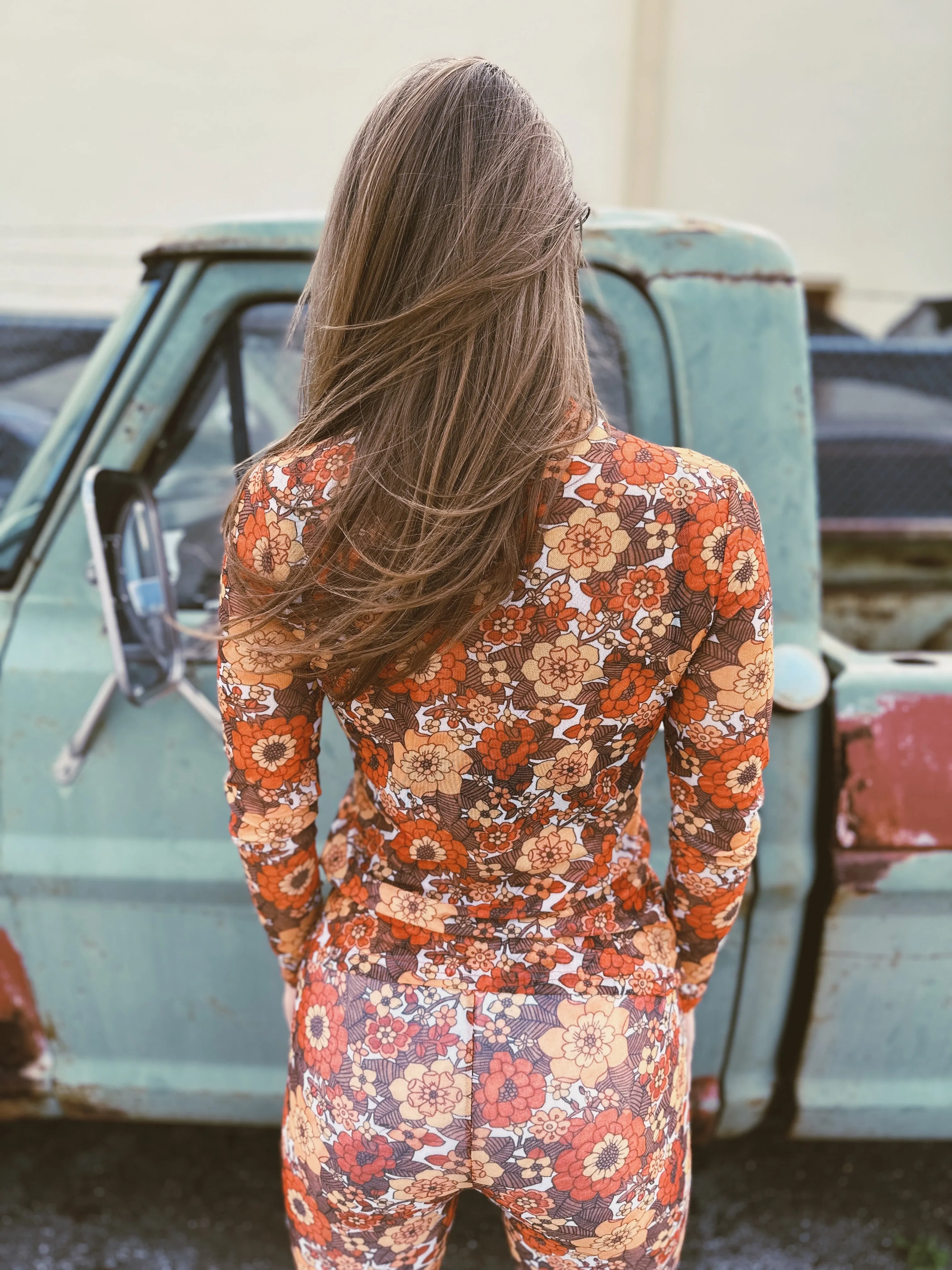 Groovy Floral Long Sleeve Mesh Top & Bell Bottom Set