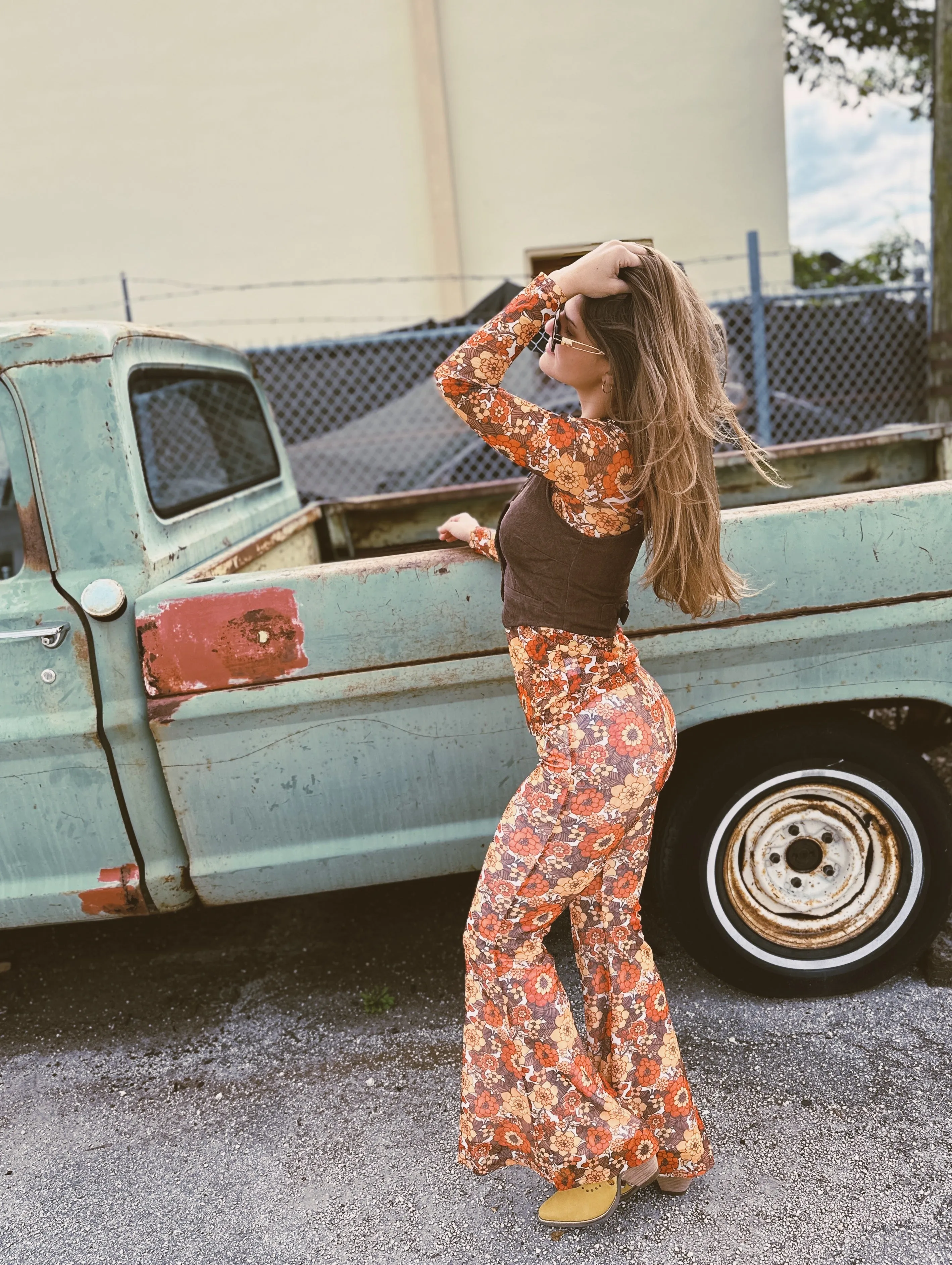Groovy Floral Long Sleeve Mesh Top & Bell Bottom Set
