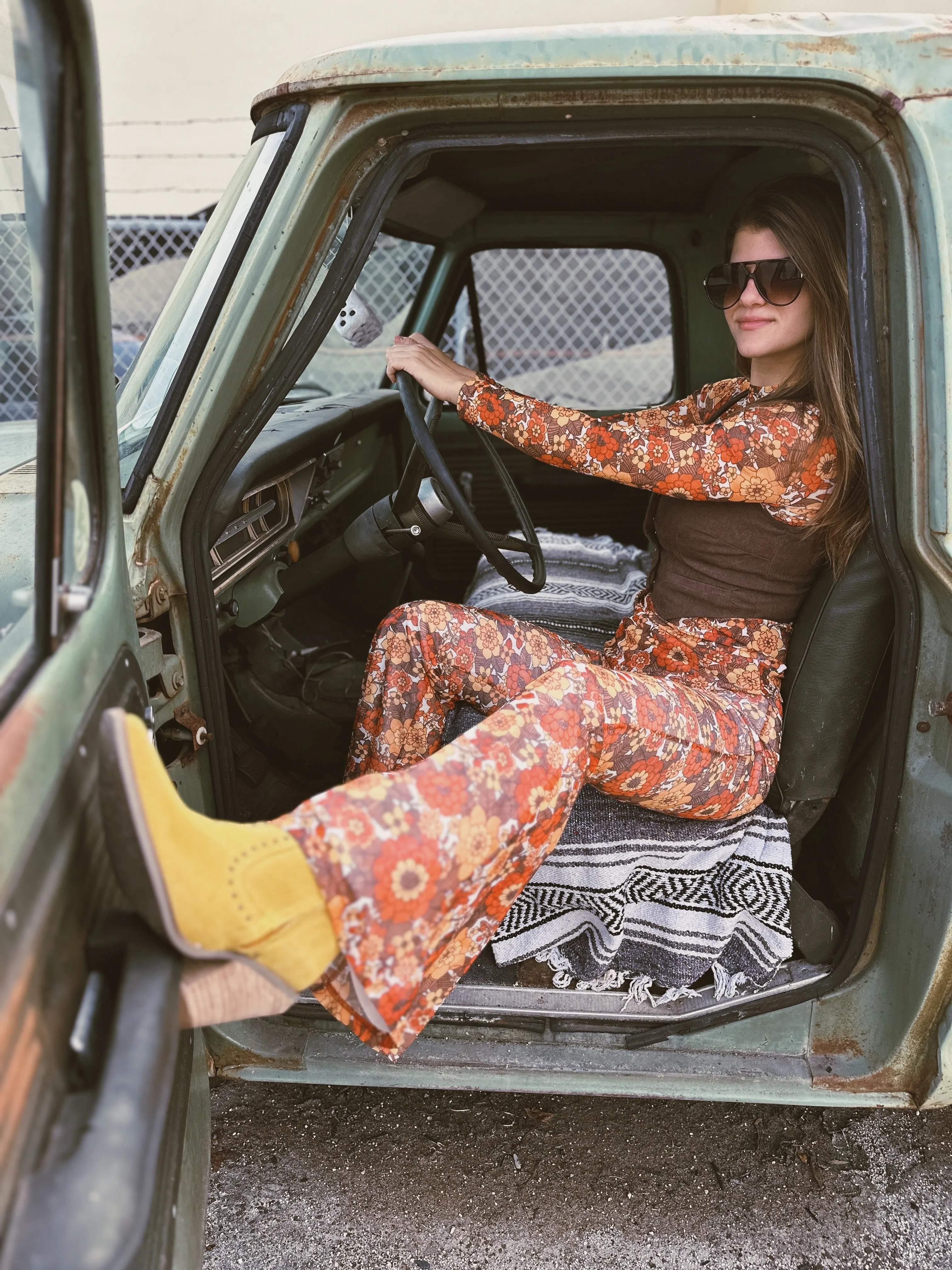 Groovy Floral Long Sleeve Mesh Top & Bell Bottom Set