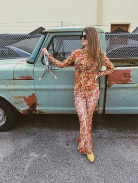 Groovy Floral Long Sleeve Mesh Top & Bell Bottom Set