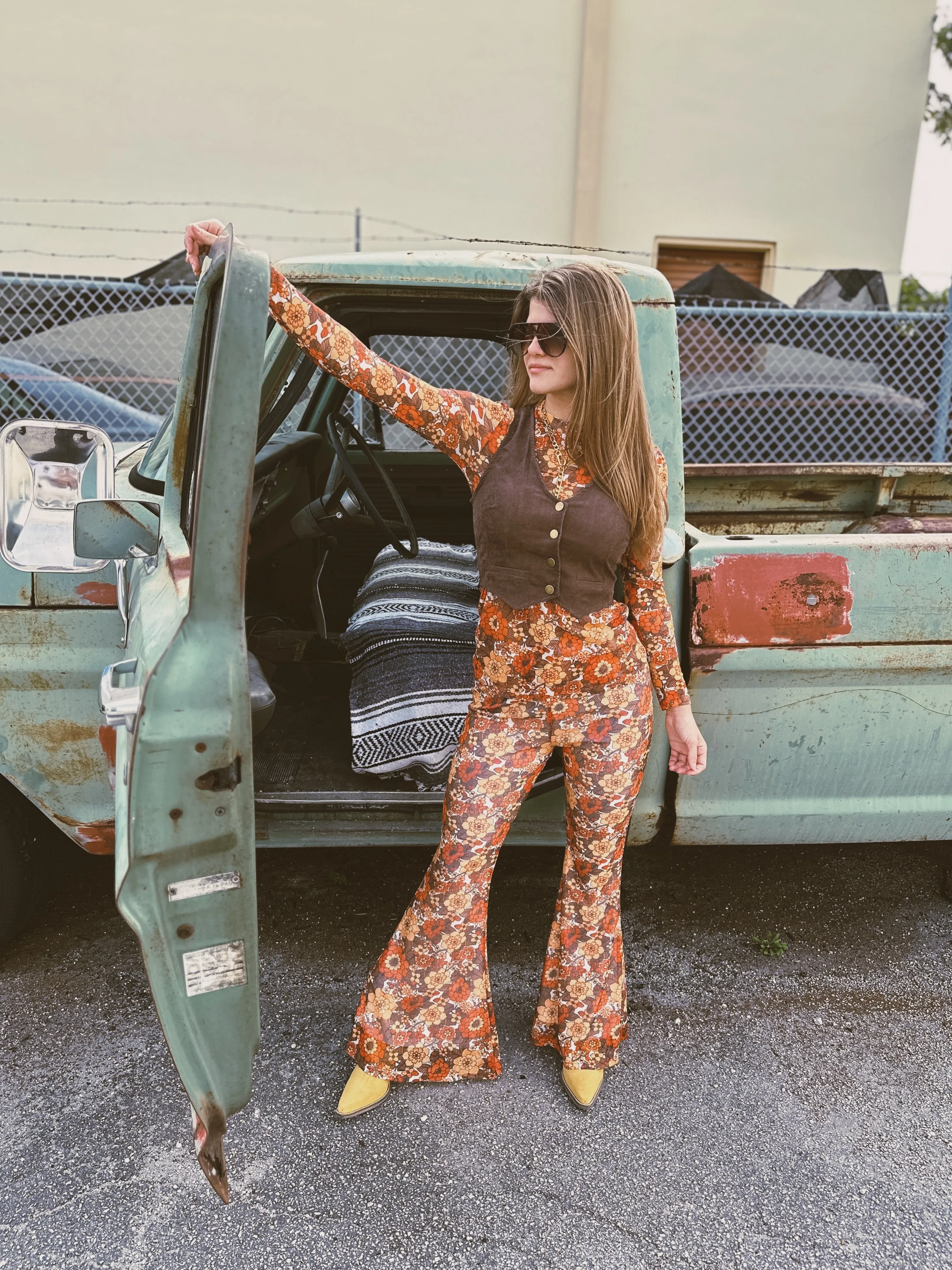 Groovy Floral Long Sleeve Mesh Top & Bell Bottom Set