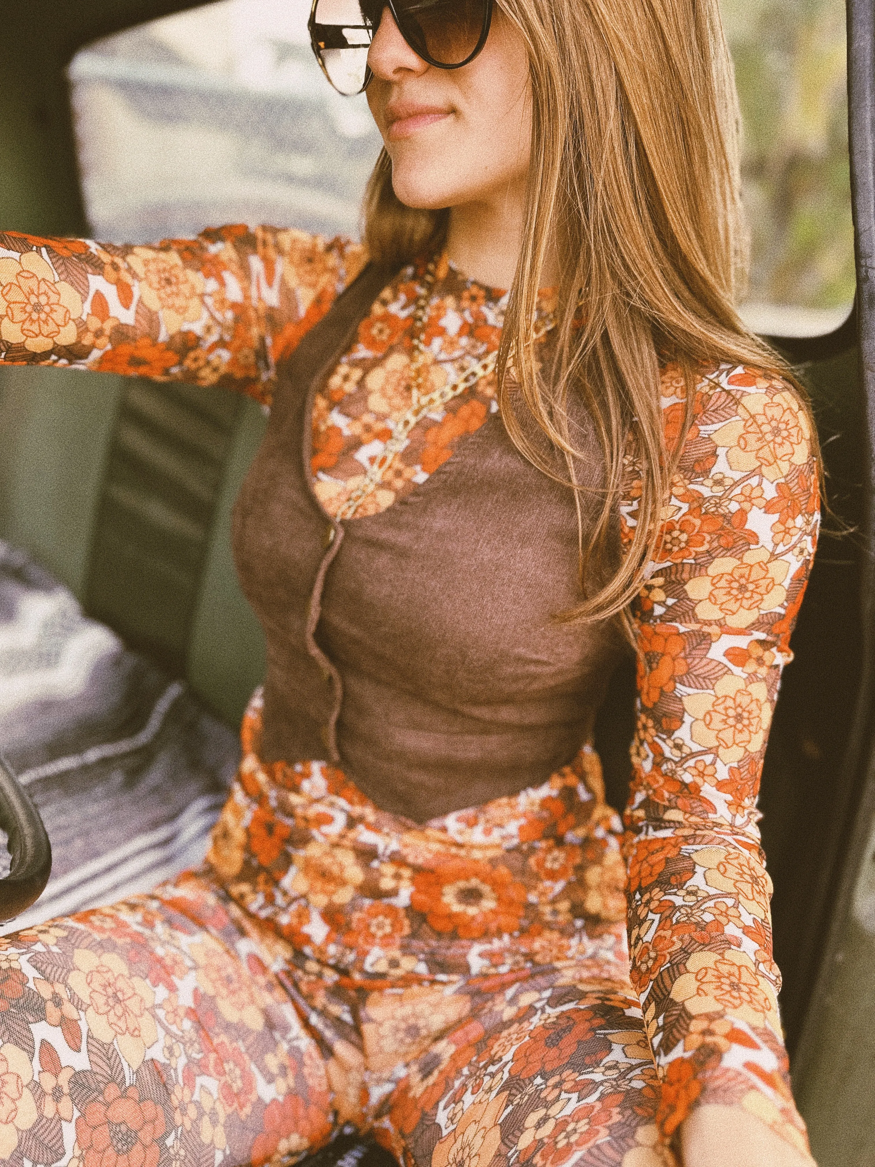 Groovy Floral Long Sleeve Mesh Top & Bell Bottom Set