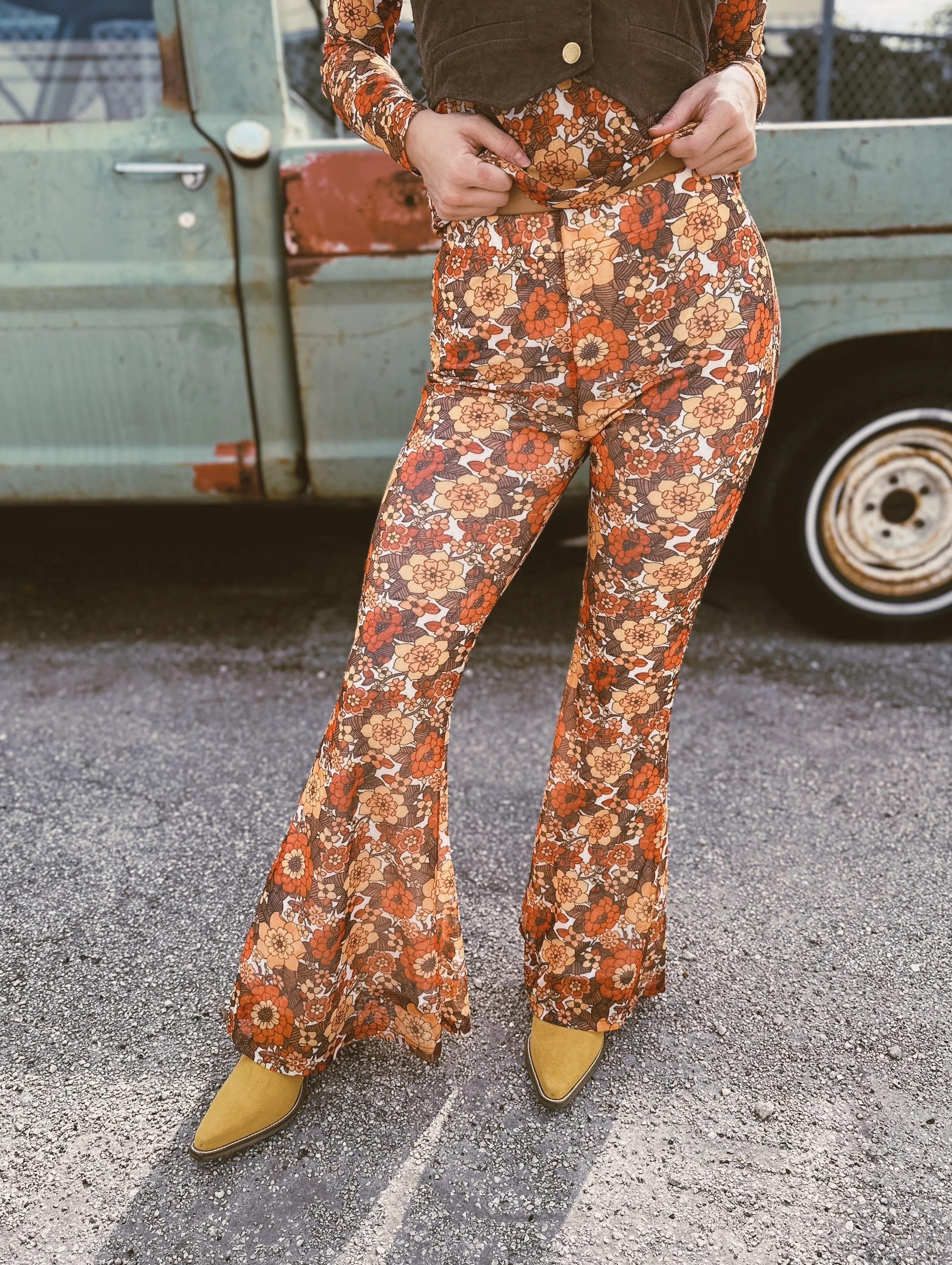 Groovy Floral Long Sleeve Mesh Top & Bell Bottom Set